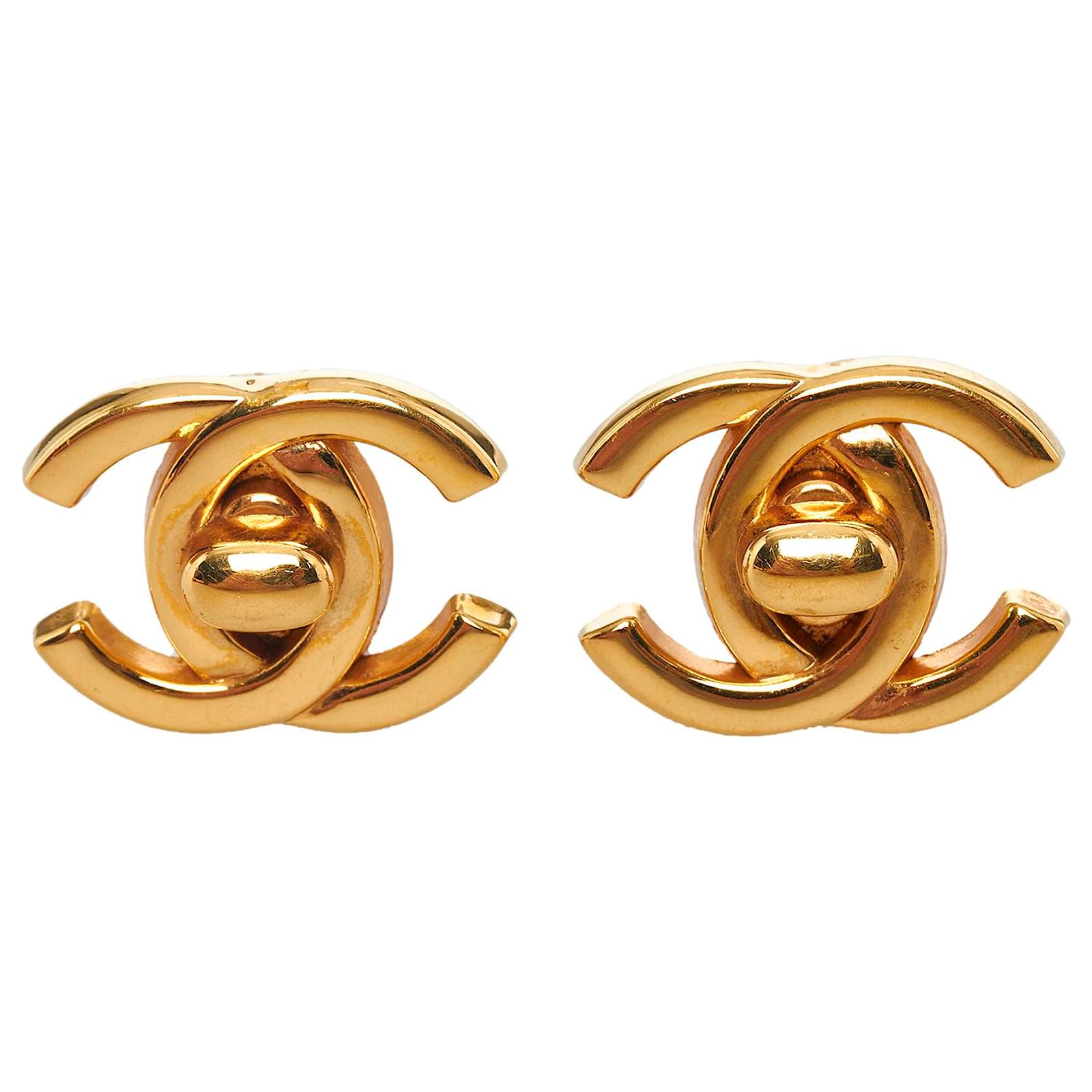 Chanel Gold CC Turn Lock Clip-On Earrings Golden Metal Gold-plated