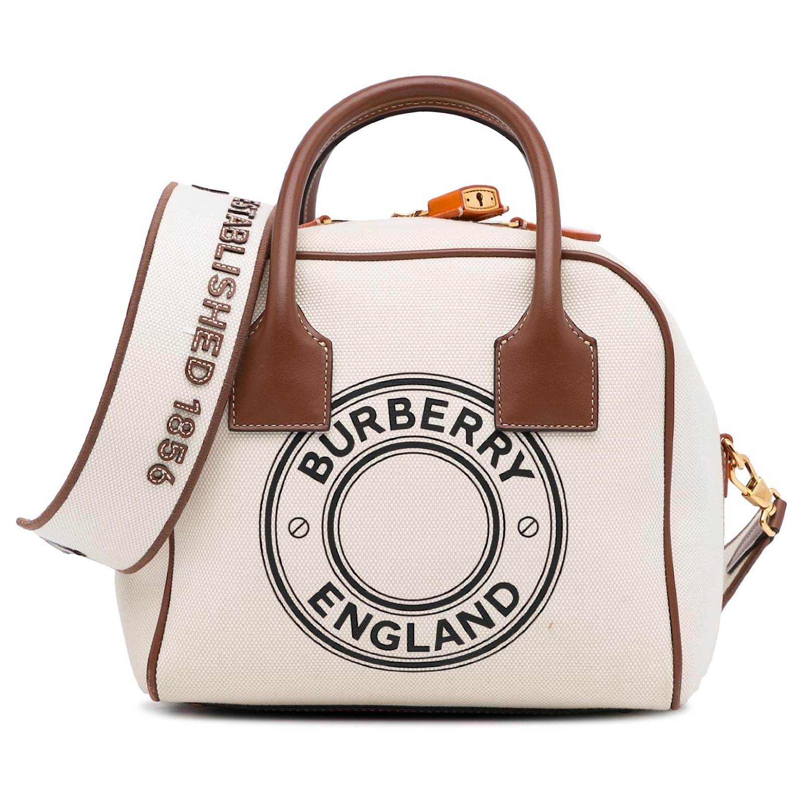 Burberry White Logo Cube Satchel Brown Leather Cloth Pony-style