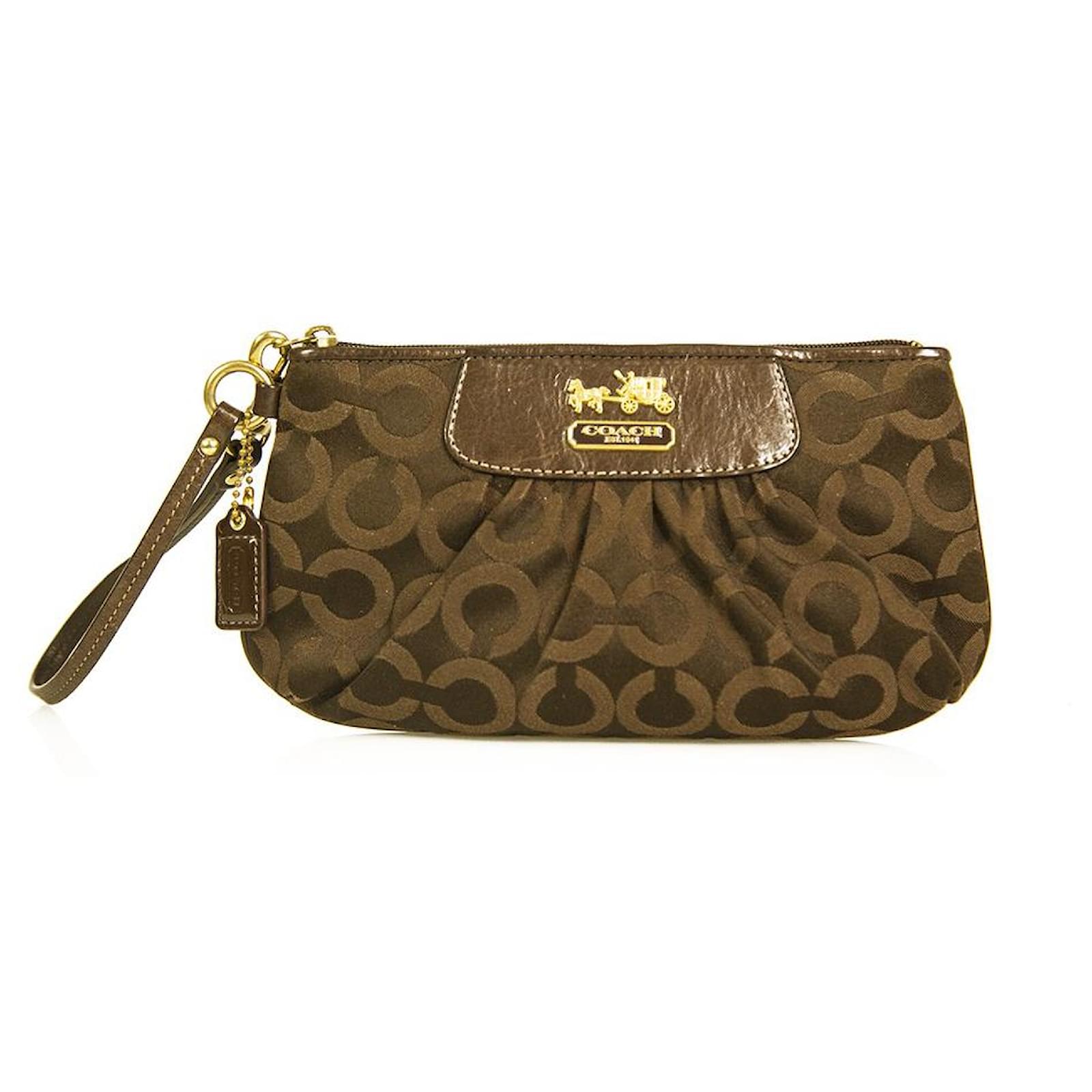 Coach Signature Monogram Brown Canvas Leather Wristlet Clutch Handbag Bag  Cotton ref.955995 - Joli Closet
