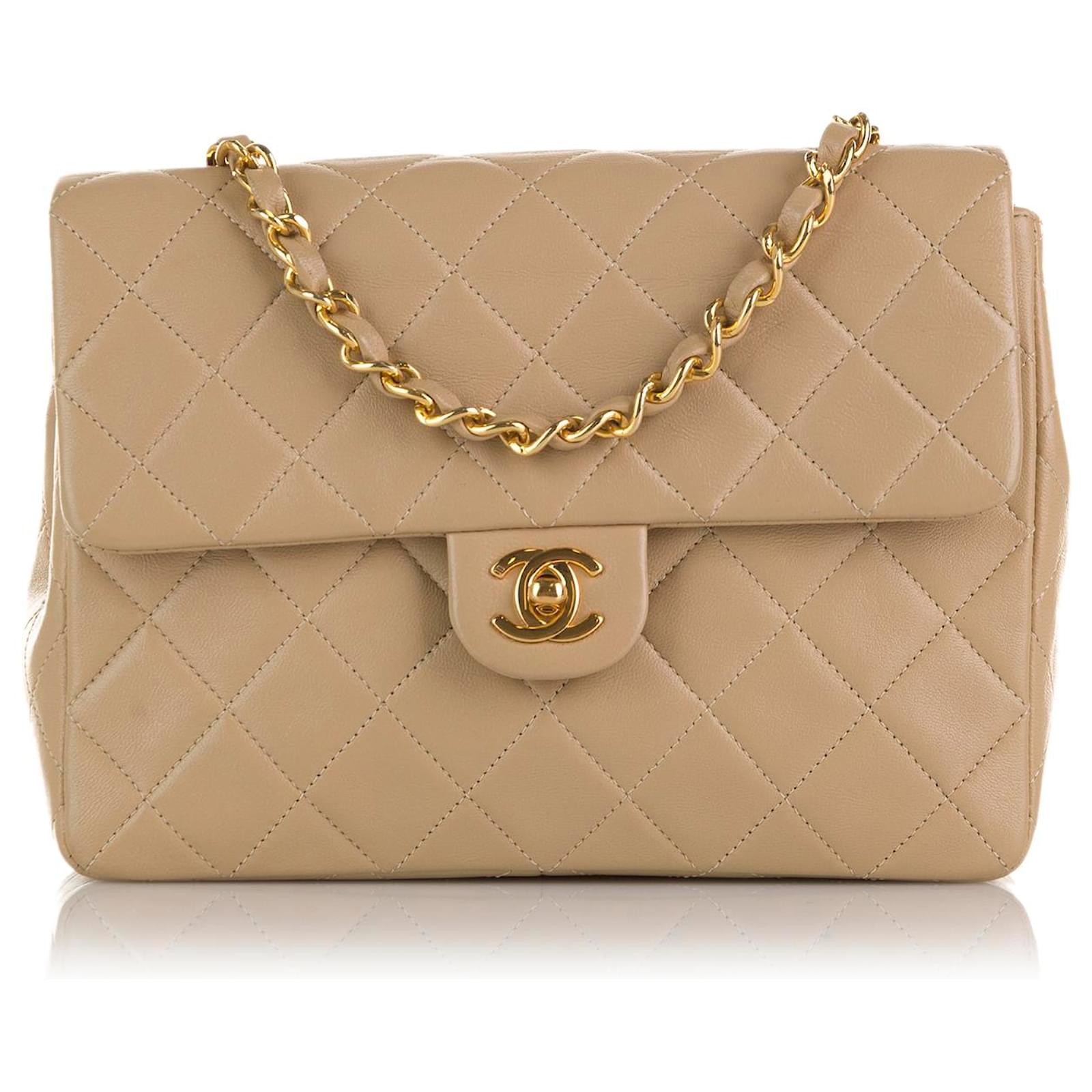 Chanel Brown Mini Classic Square Lambskin Single Flap Bag Beige