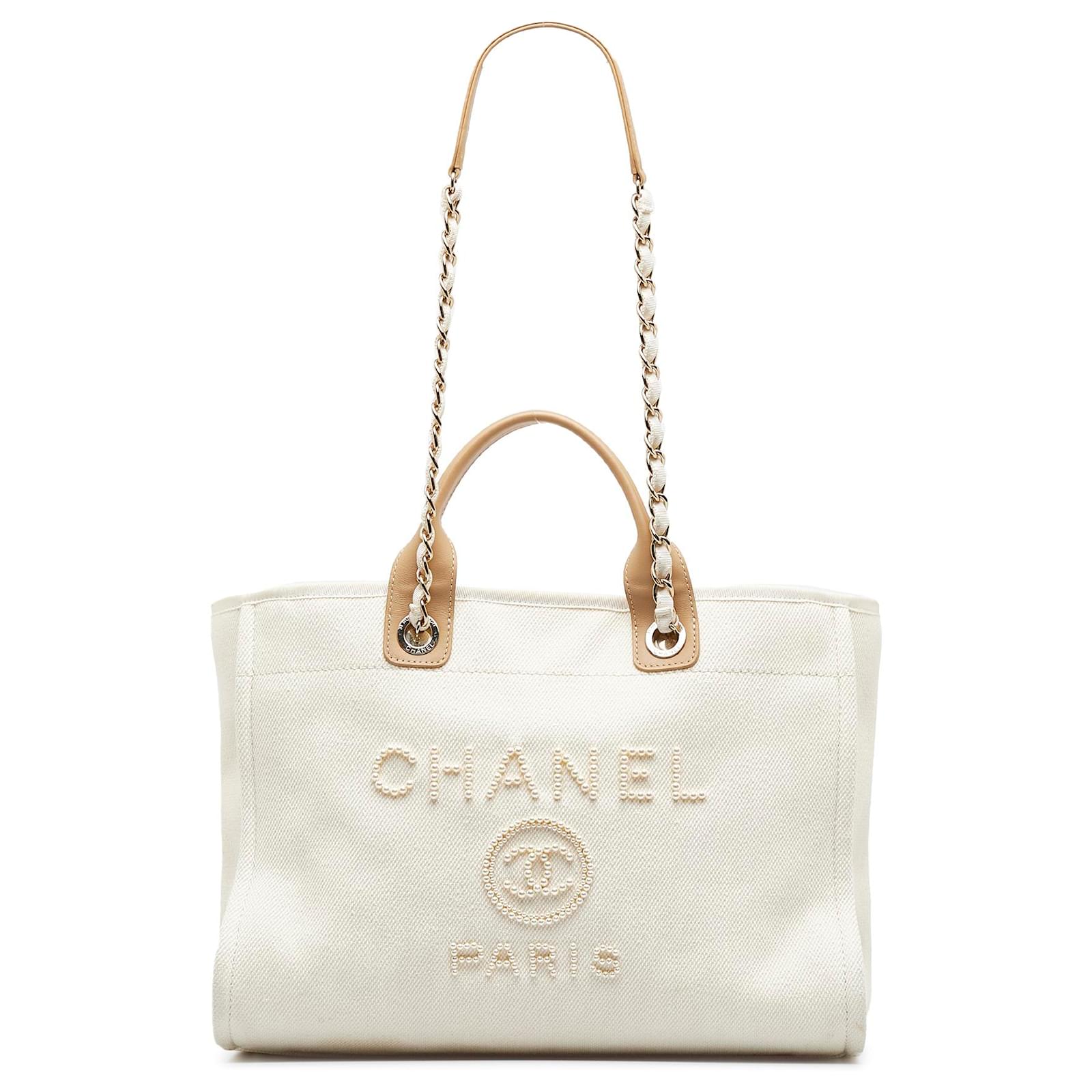 Chanel White Medium Pearls Deauville Shopping Tote Cream Cloth