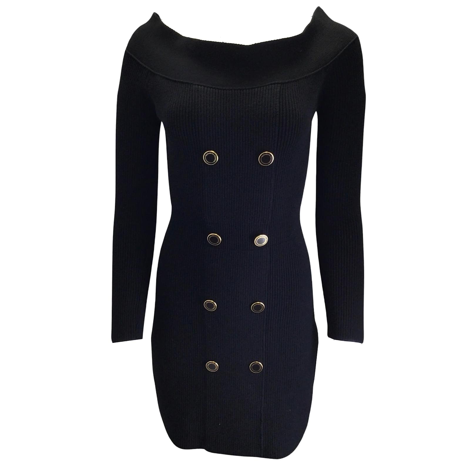 Elisabetta Franchi Black / Gold Button Detail Off-the-Shoulder Long ...