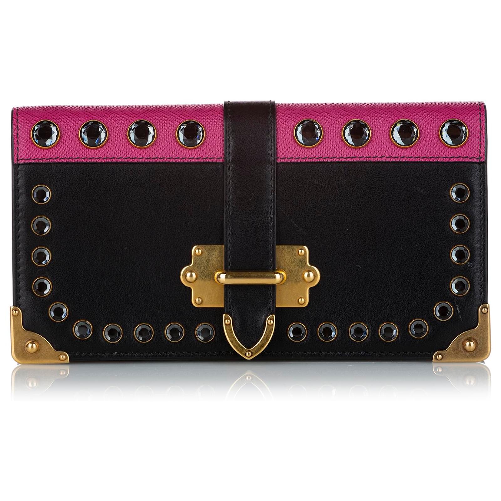Prada Black Studded Mini Cahier Leather Crossbody Bag Pink Pony