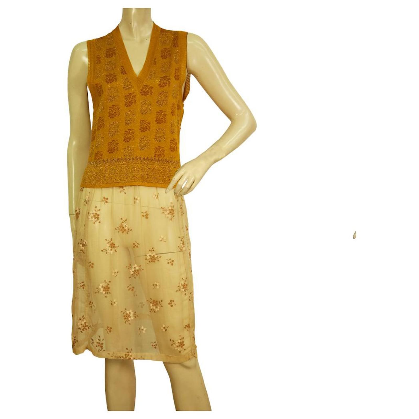Dries Van Noten Gold Knit Vest Sheer Floral Embroidery Sleeveless Knee Dress 38 (Sold) - Joli Closet Dries Van Noten Gold Knit Vest Sheer Floral Embroidery Sleeveless Knee Dress 38 (Sold) - Joli Closet