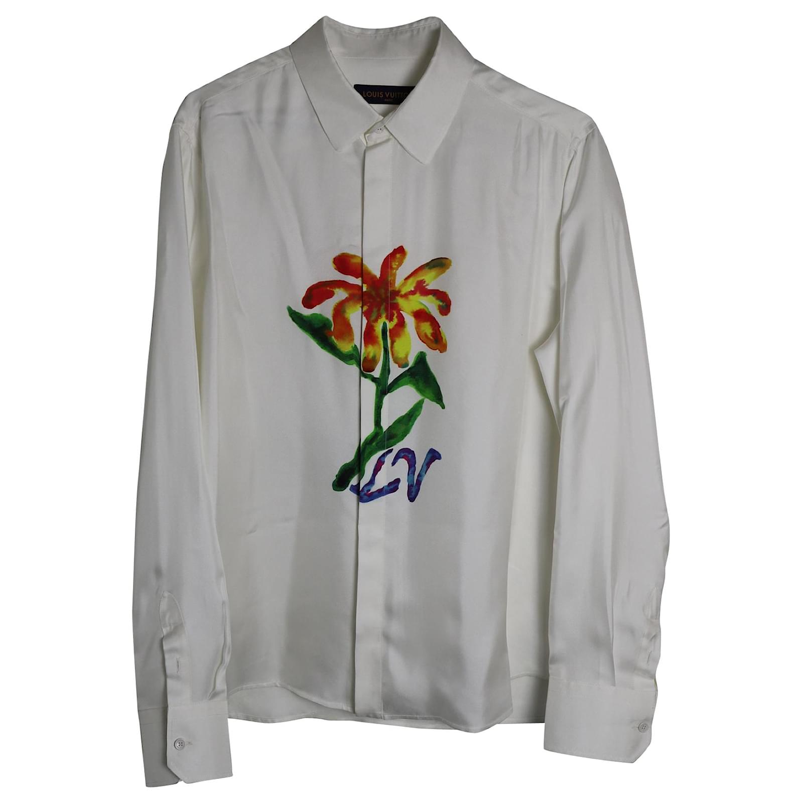 Louis Vuitton Camisa social com flores pintadas em seda branca Branco  ref.957786 - Joli Closet