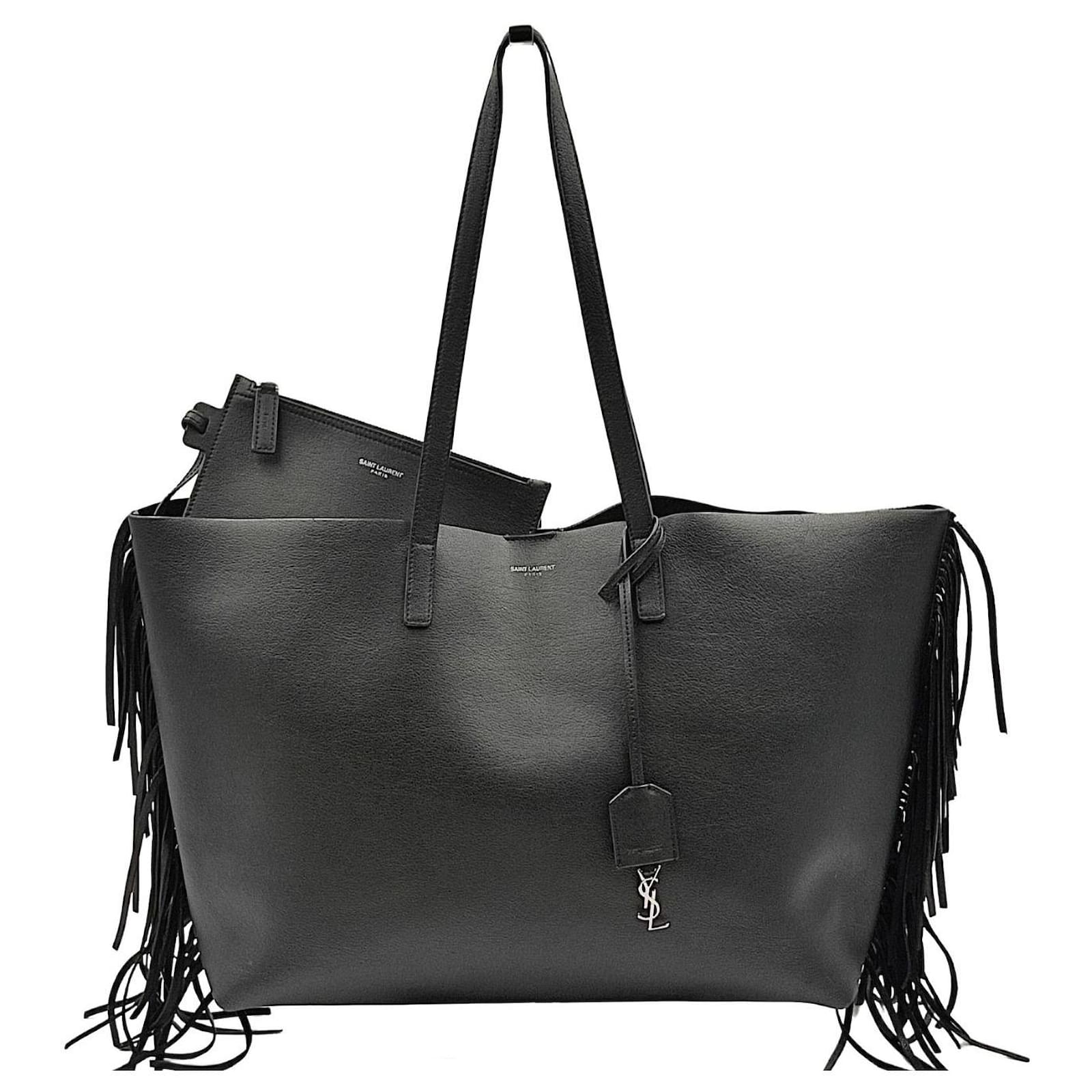 Borsa a spalla Saint Laurent Shopper tinta unita con frange Nero