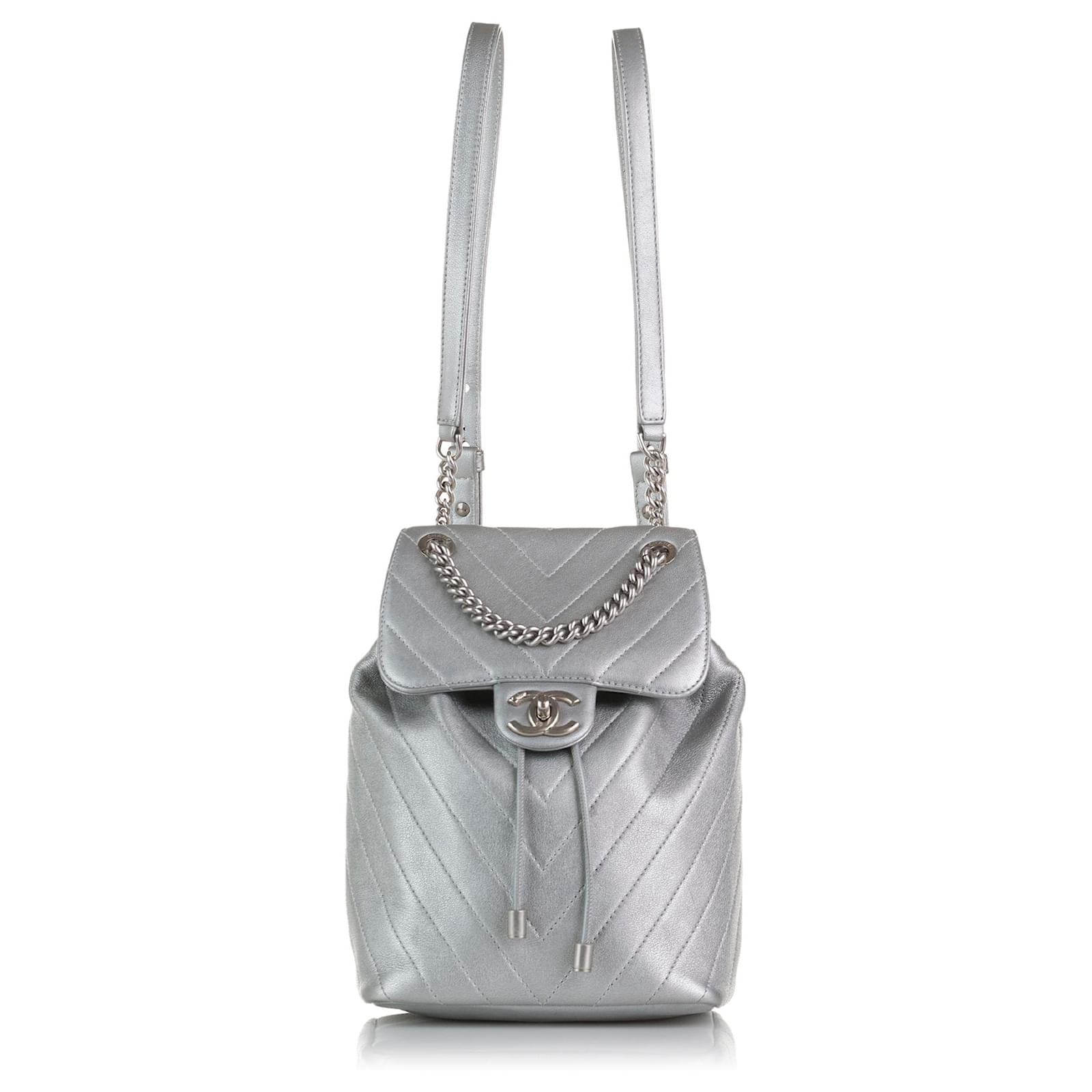 Chanel Silver Chevron Leather Small Urban Spirit Drawstring Bag Chanel