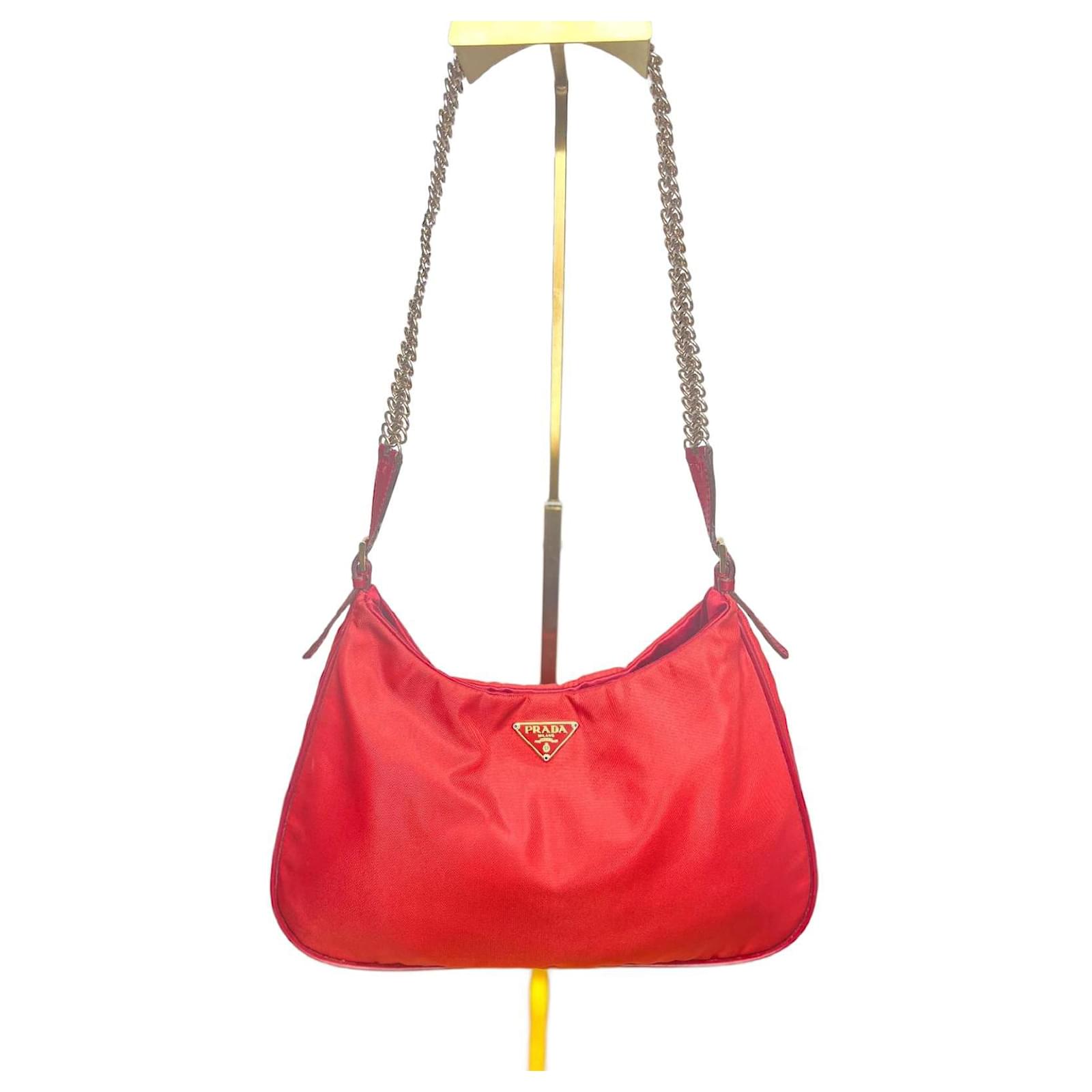 Red Cleo Nylon Chainlink Hobo Shoulder Bag Small