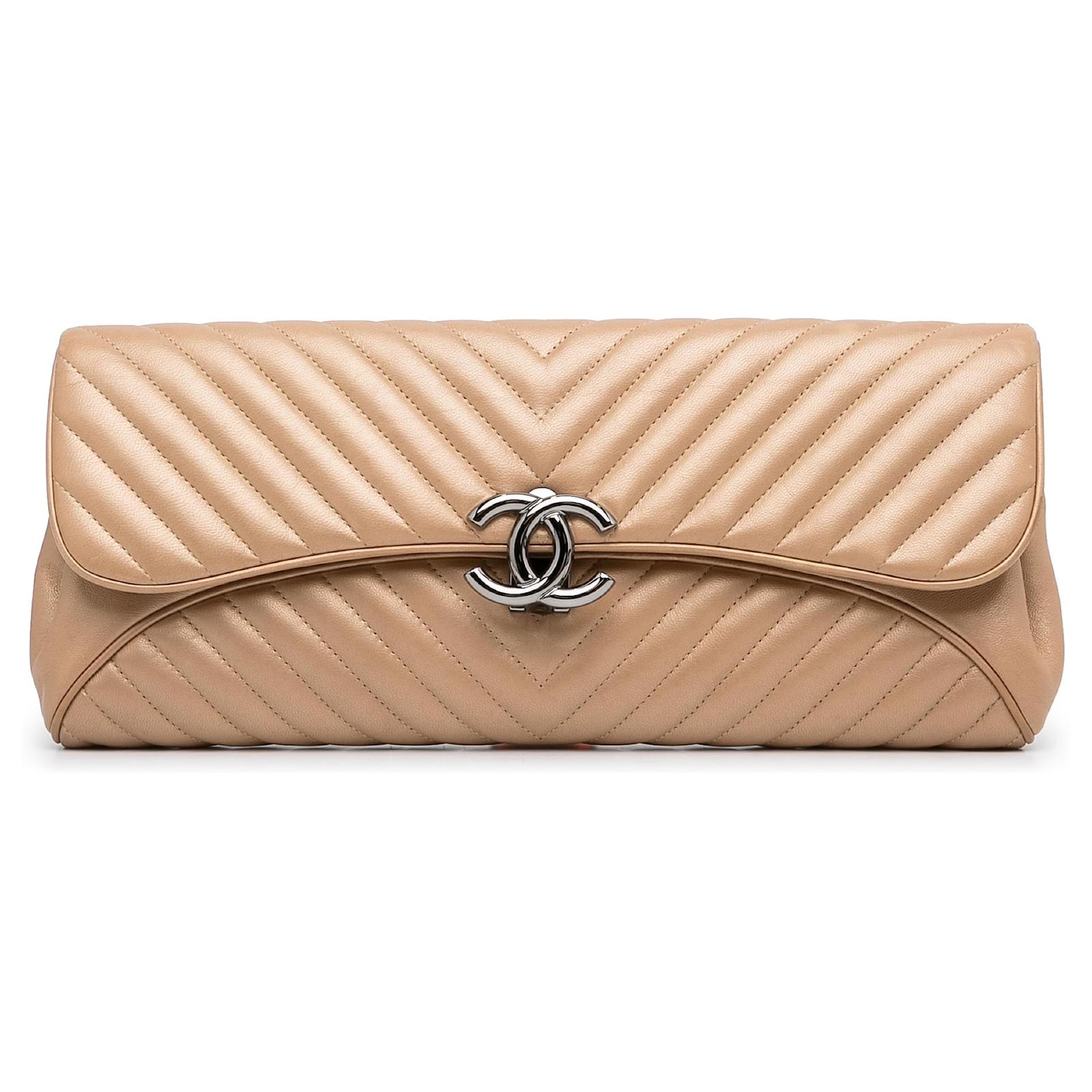 Chanel Brown CC Chevron Clutch Bag Beige Leather ref.958959 - Joli