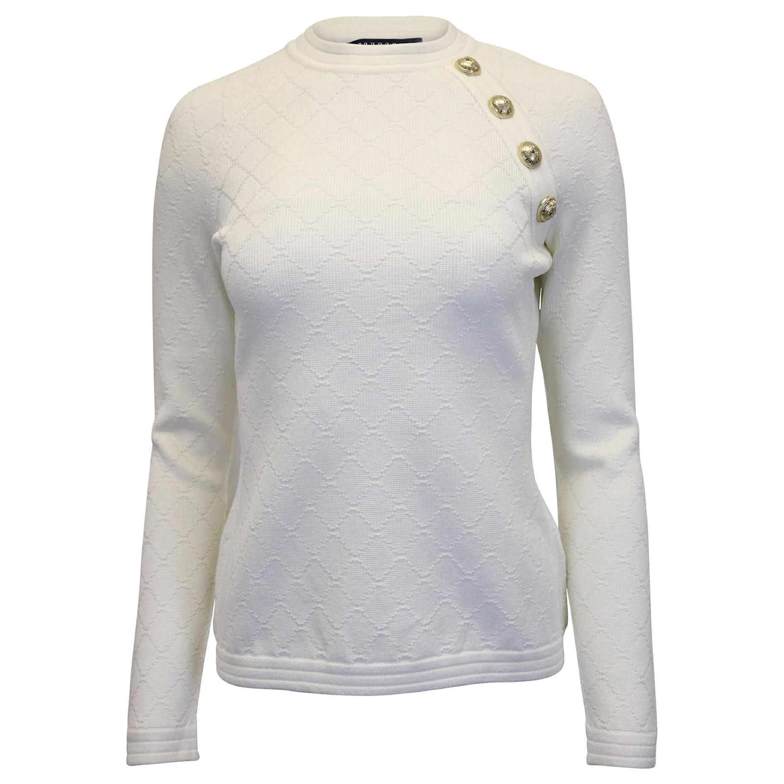 Balmain Textured Sweater with Gold Buttons in White Viscose