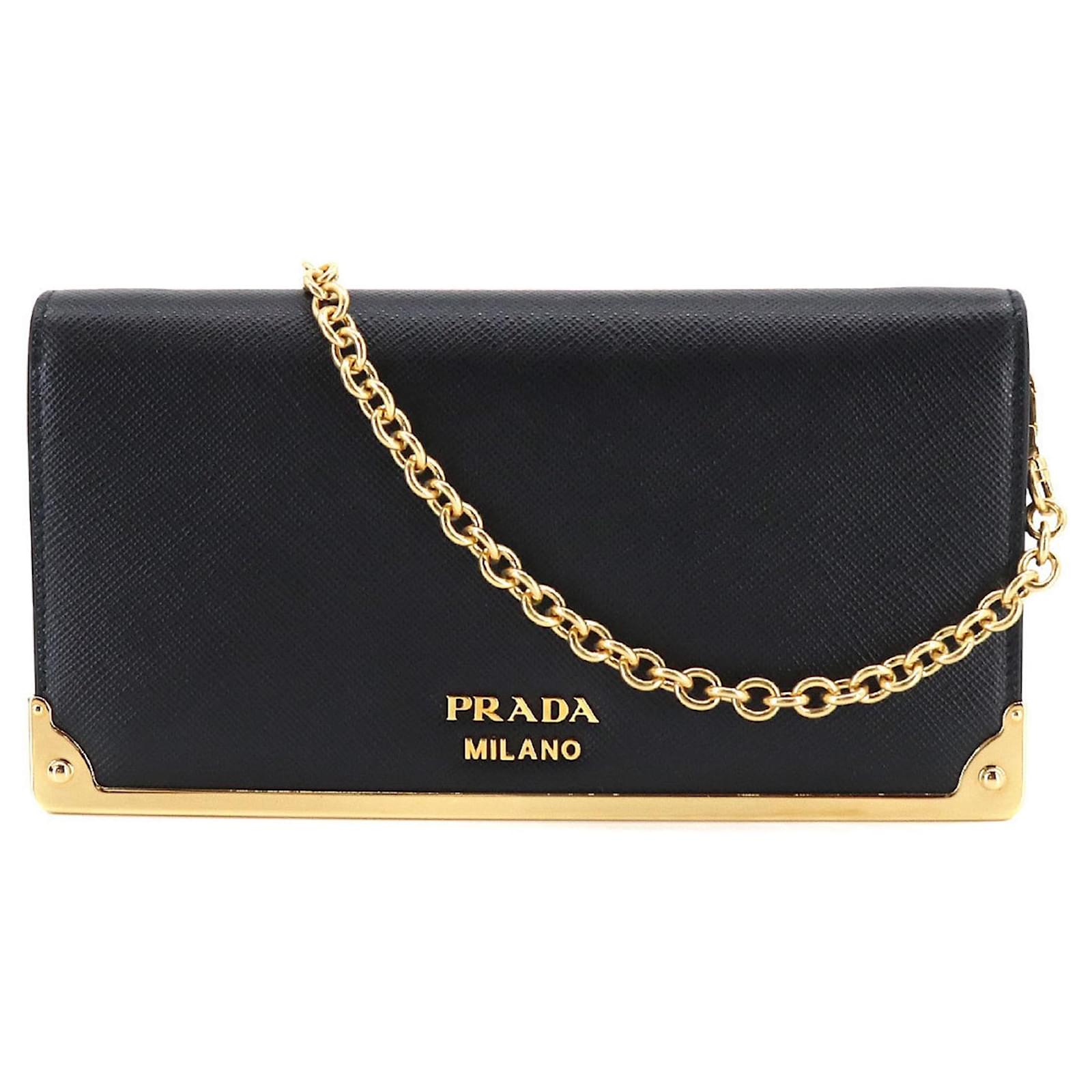 Prada, Bags, Prada Saffiano Black Leather Wallet On Chain