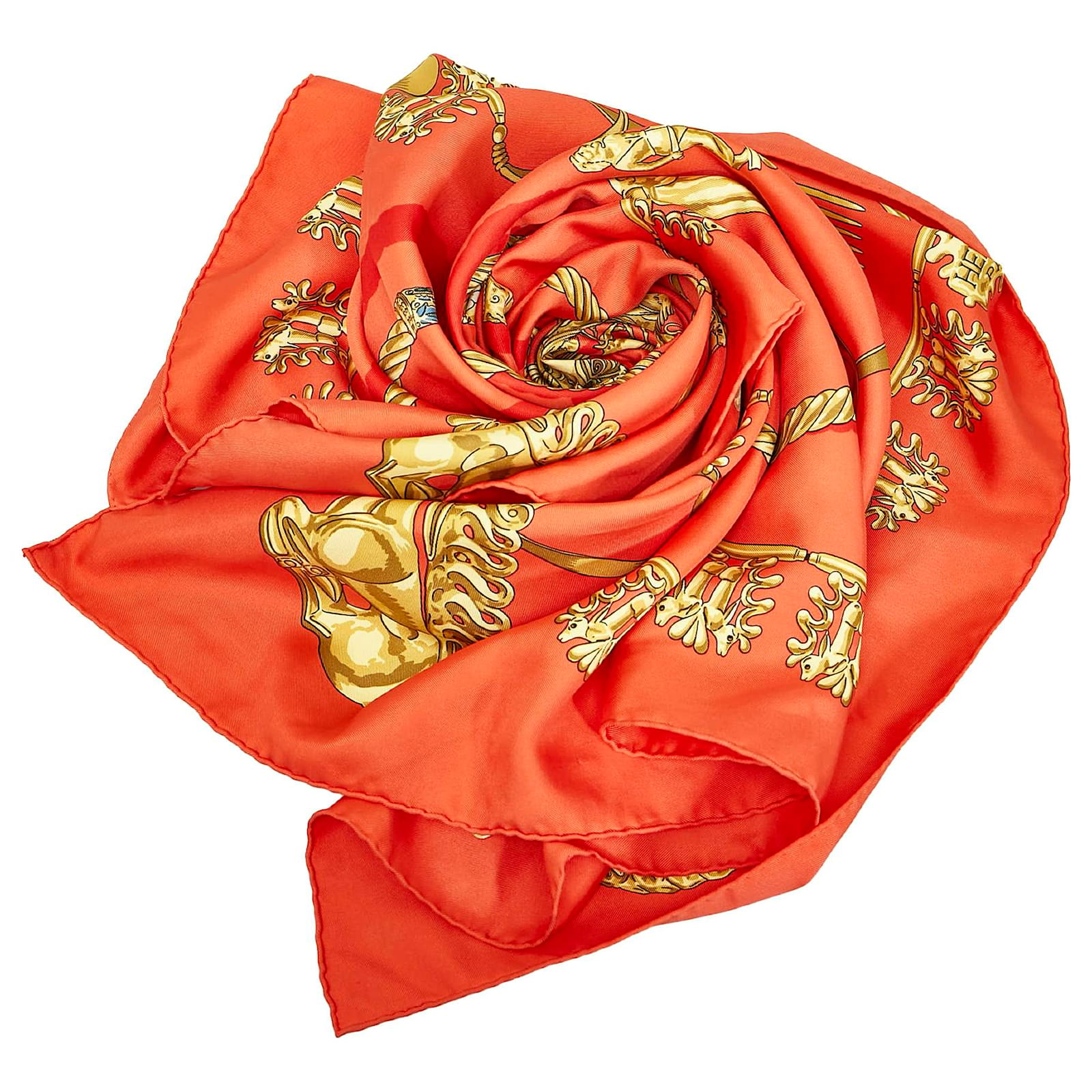 Hermès Hermes Red Les Cavaliers Dor Silk Scarf Golden Cloth Ref959470 Joli Closet 