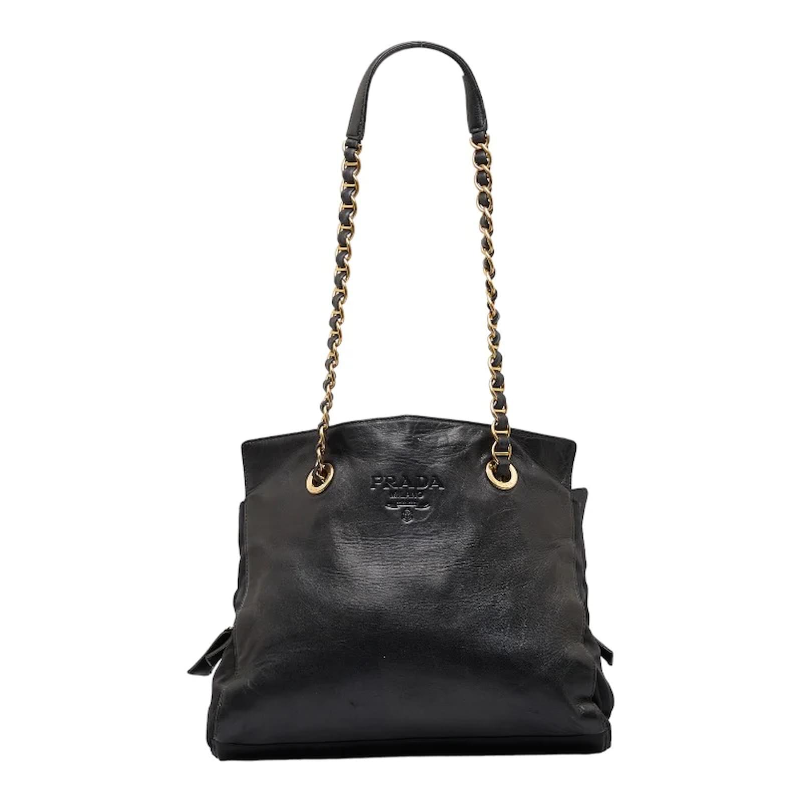 Prada Saffiano Chain Lock Shoulder Bag Black Leather Pony-style