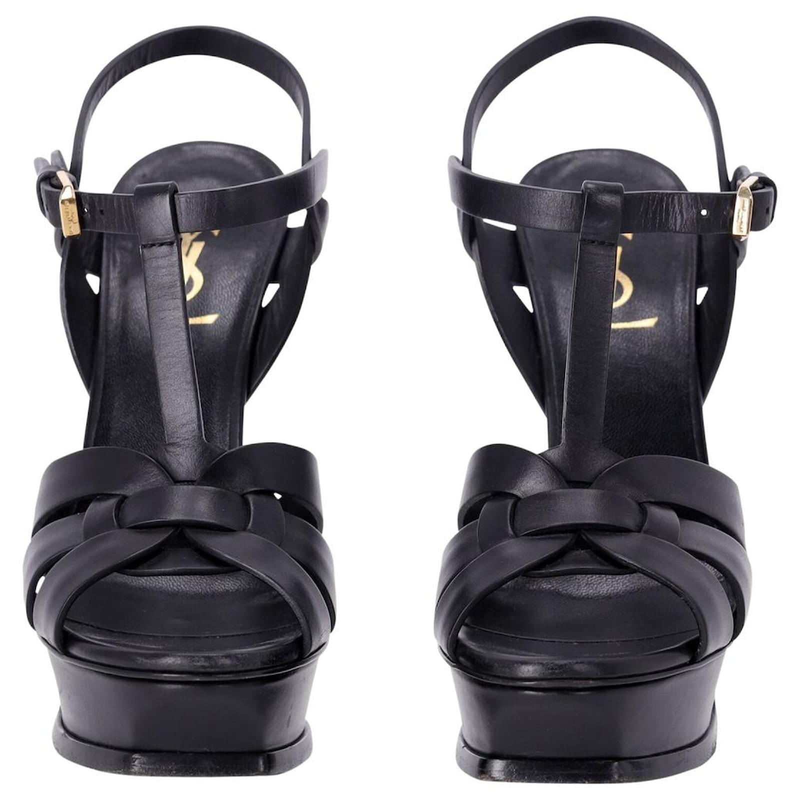 Saint Laurent Paris Tribute Platform Sandals in Black Leather