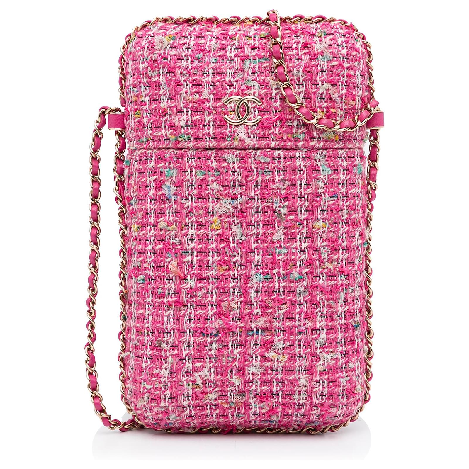 Chanel Pink Chain Around Phone Holder Crossbody Bag Tweed Cloth