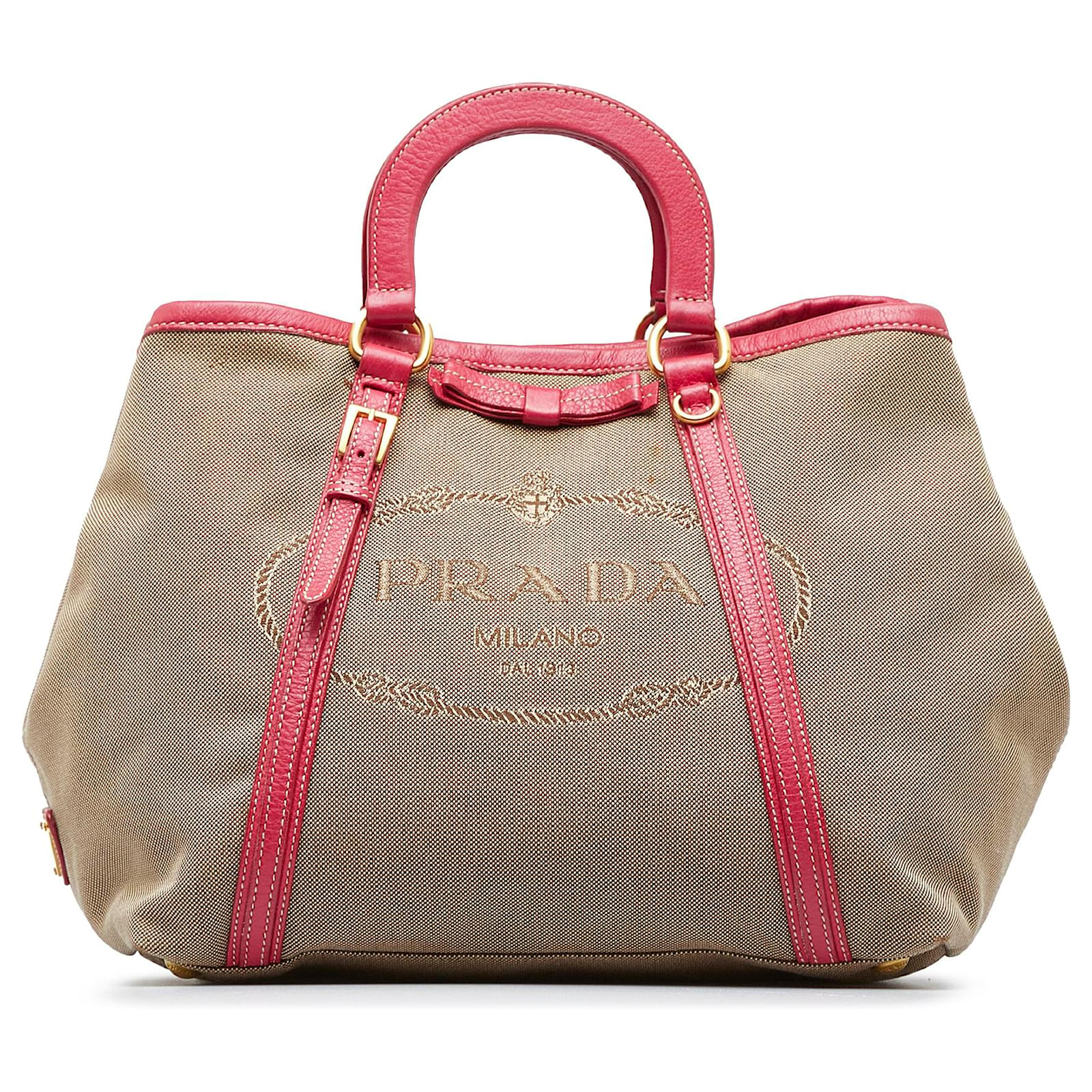 Prada Beige/Brown Jacquard Logo Canvas and Leather Bow Shoulder Bag