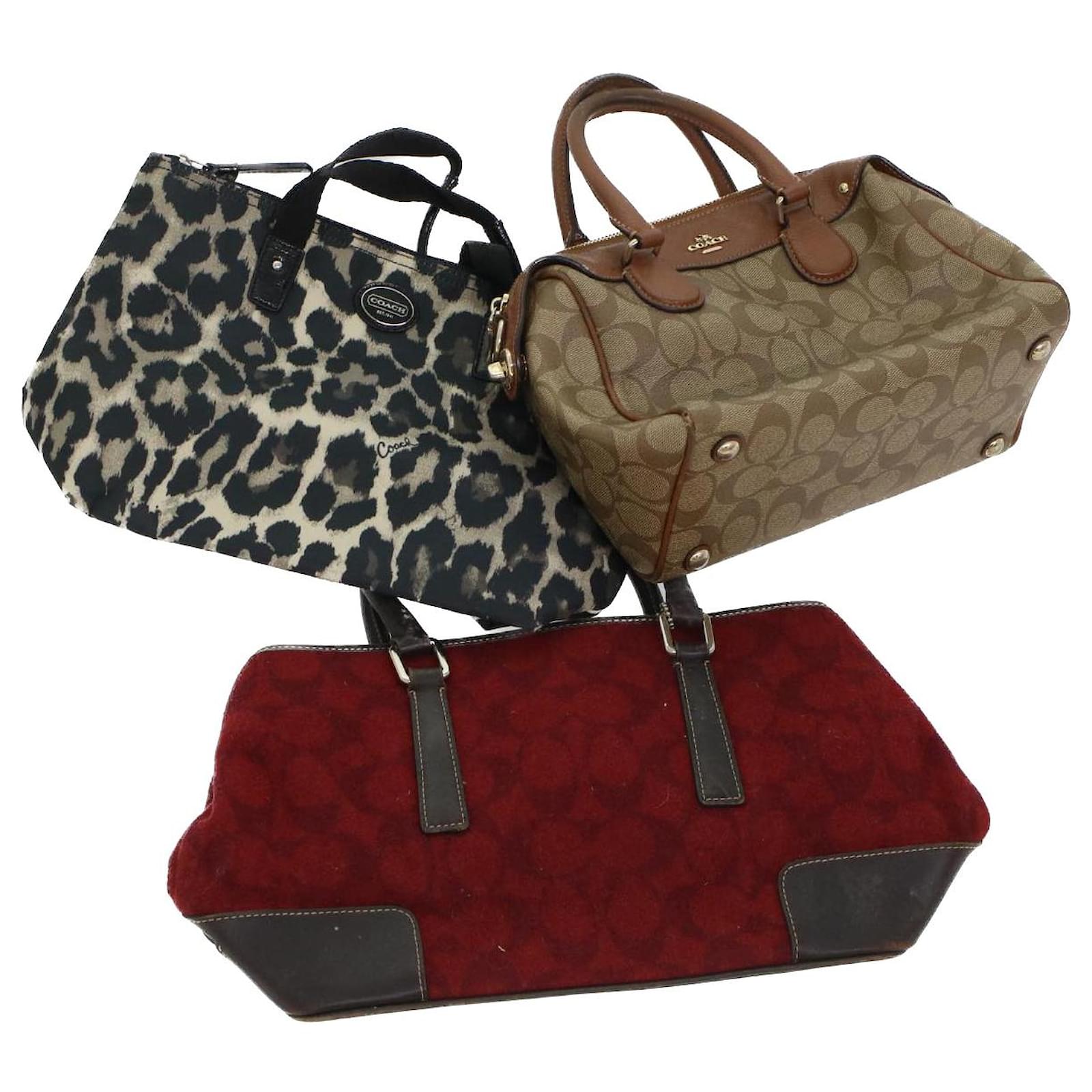 Coach Signature Leopard Hand Bag Canvas Leather 3Set Beige Brown Red Auth  44686 Cloth ref.961745 - Joli Closet