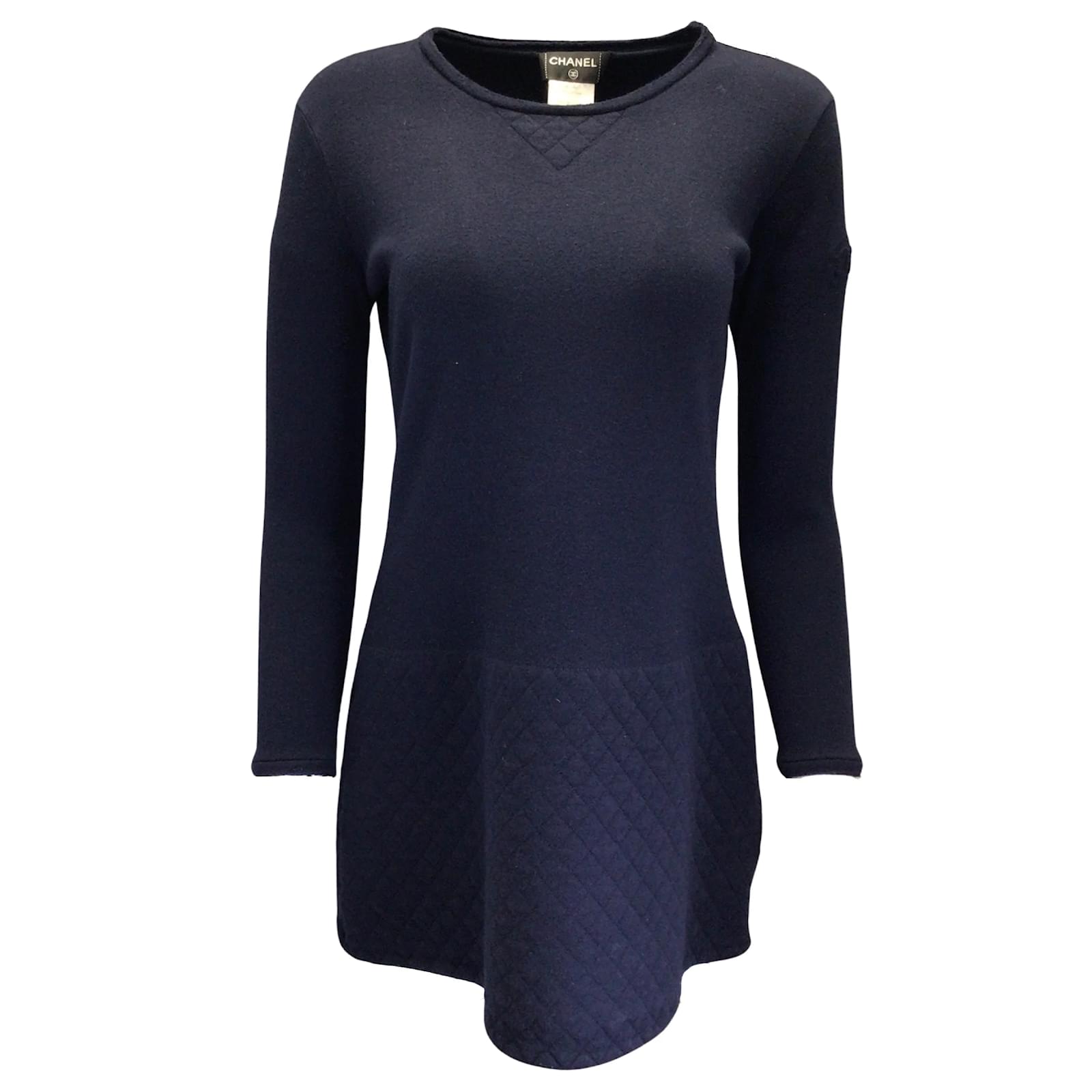 Dresses Chanel Chanel Navy Blue Quilted Detail Long Sleeved Wool and Cotton Mini Dress