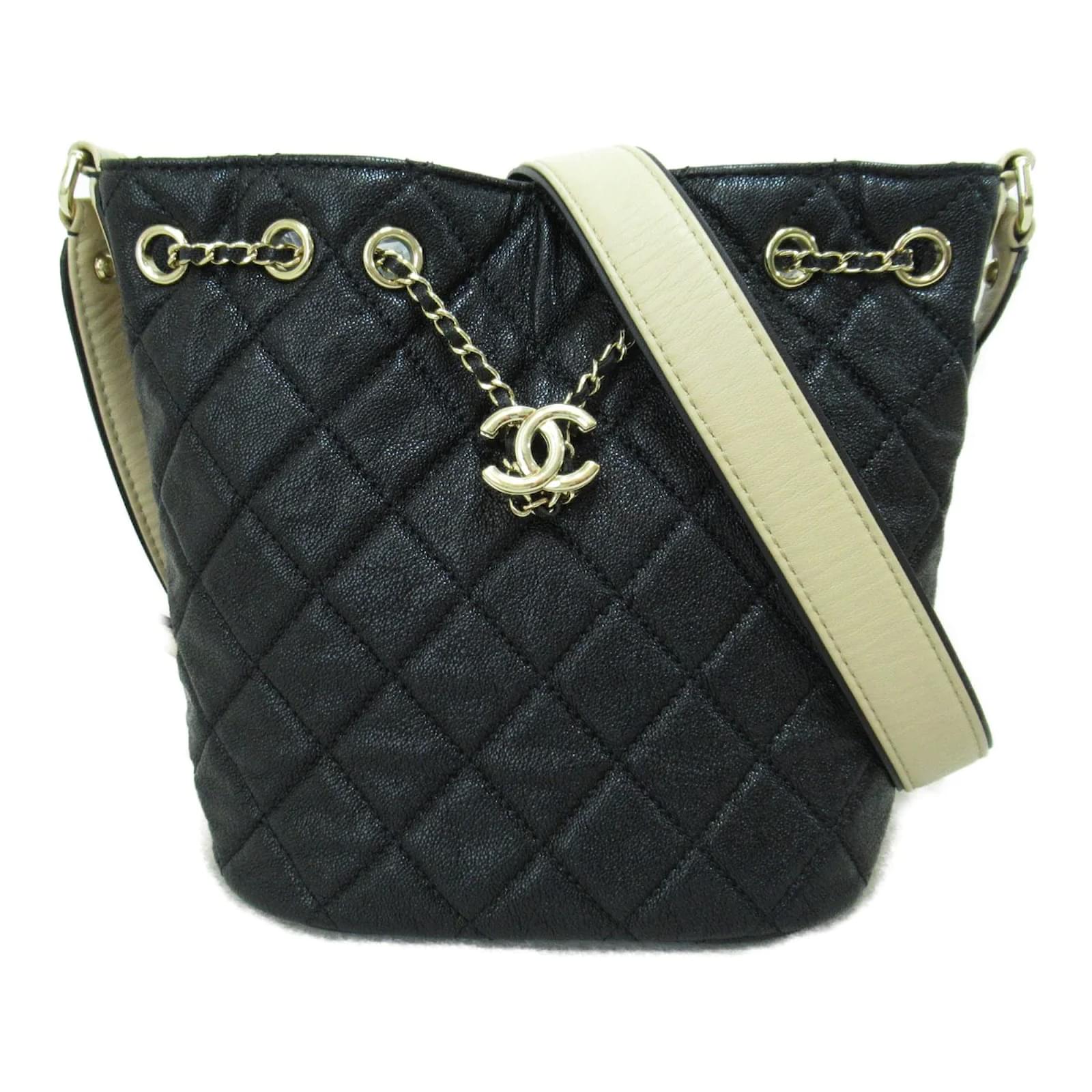 Chanel CC Quilted Caviar Drawstring Bucket Bag Black Leather ref
