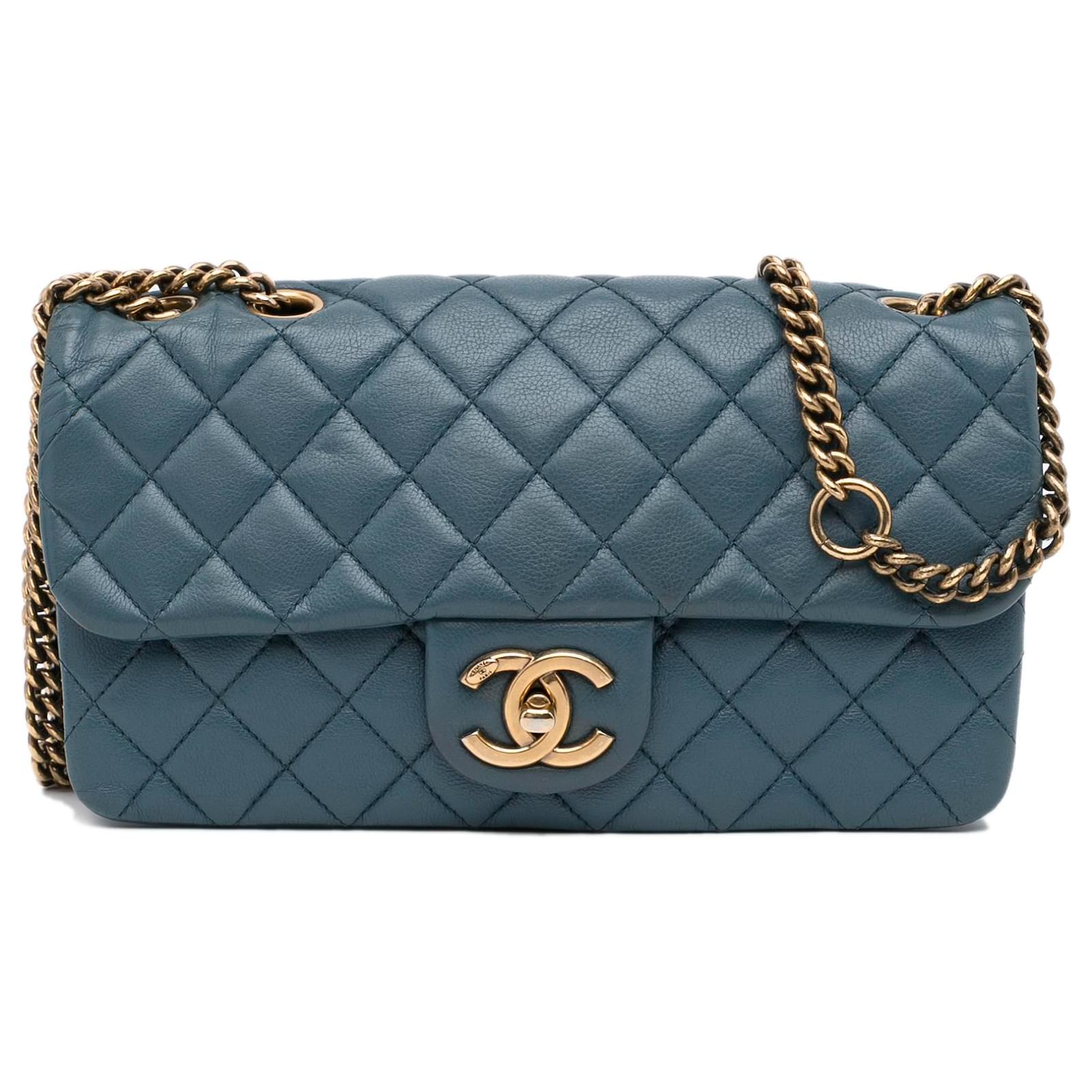 Chanel Chain Handle CC Flap Quilted Leather Shoulder Bag Blue