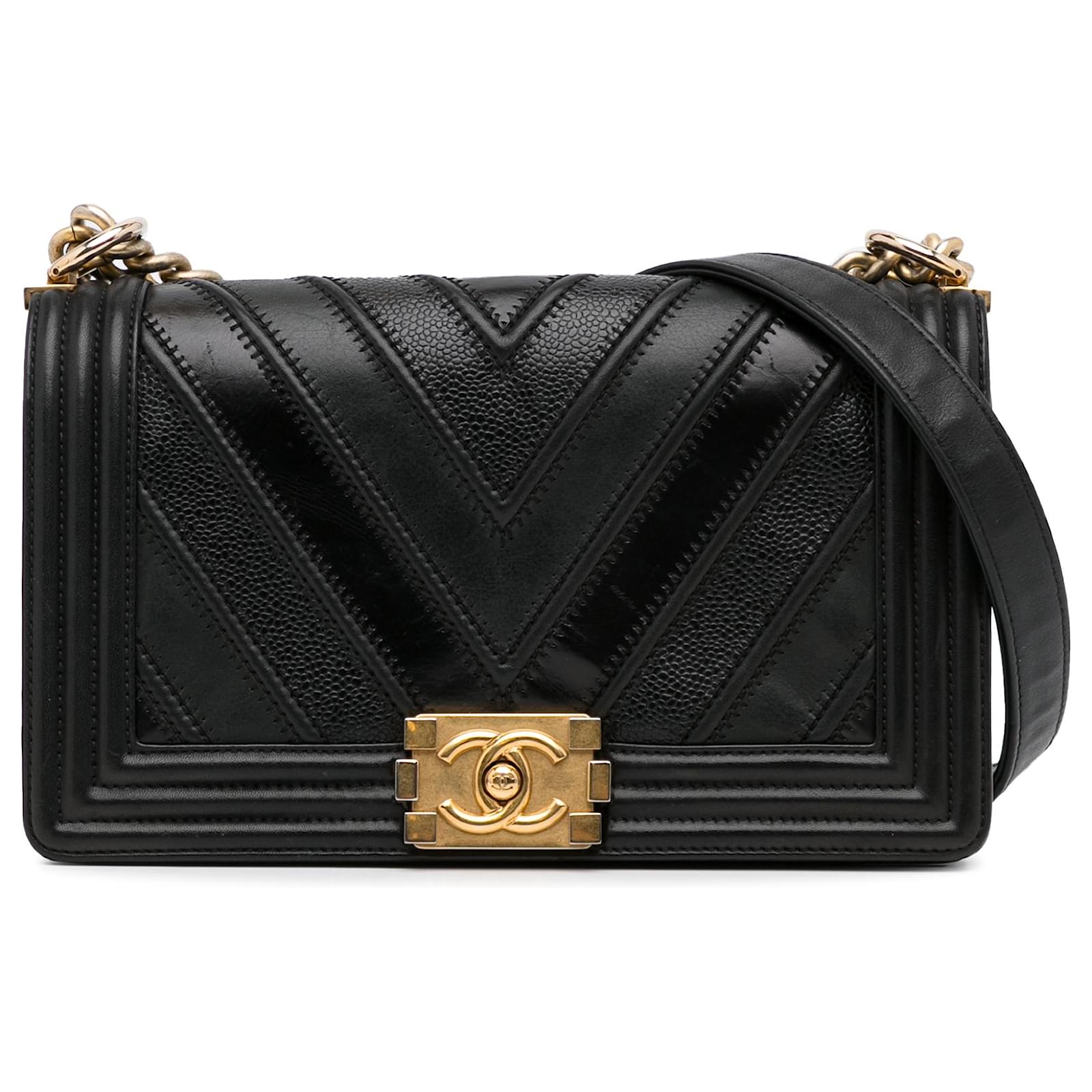 Chanel Boy Chevron Quilted Caviar Gold-tone Medium Black in Caviar with  Gold-tone - US