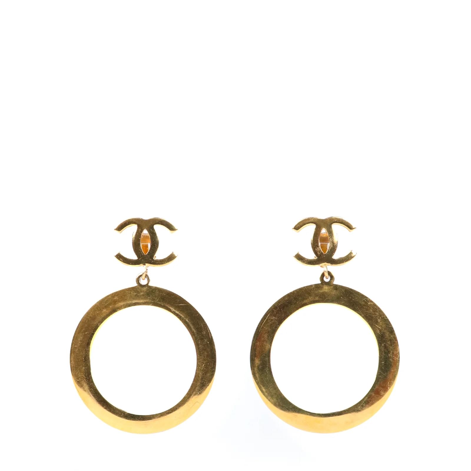Chanel Vintage Large Round Earrings with Black and Golden CC Mark - 2 Pieces