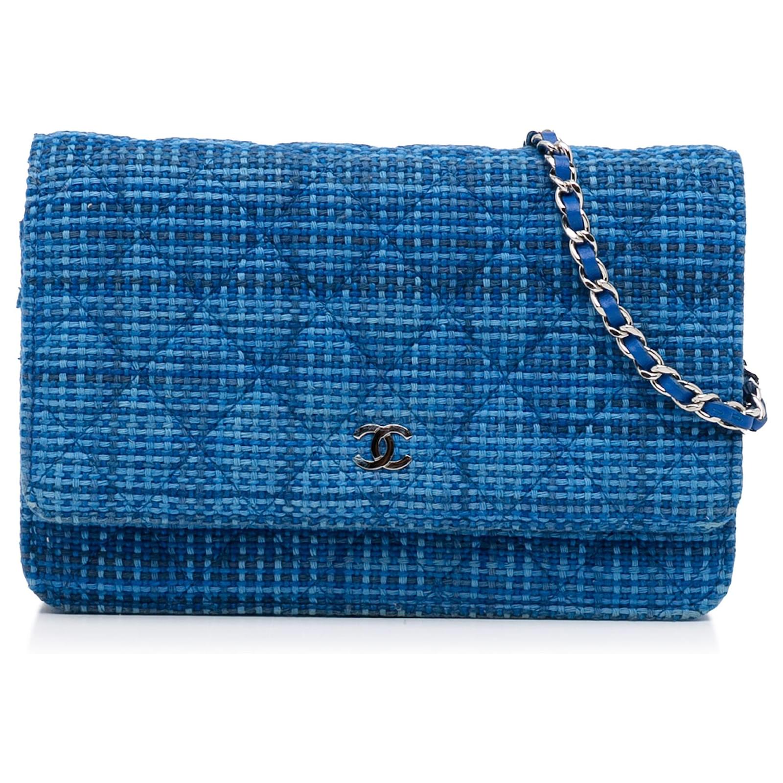 Chanel Blue Matelasse CC Tweed Wallet On Chain Cloth ref.964460