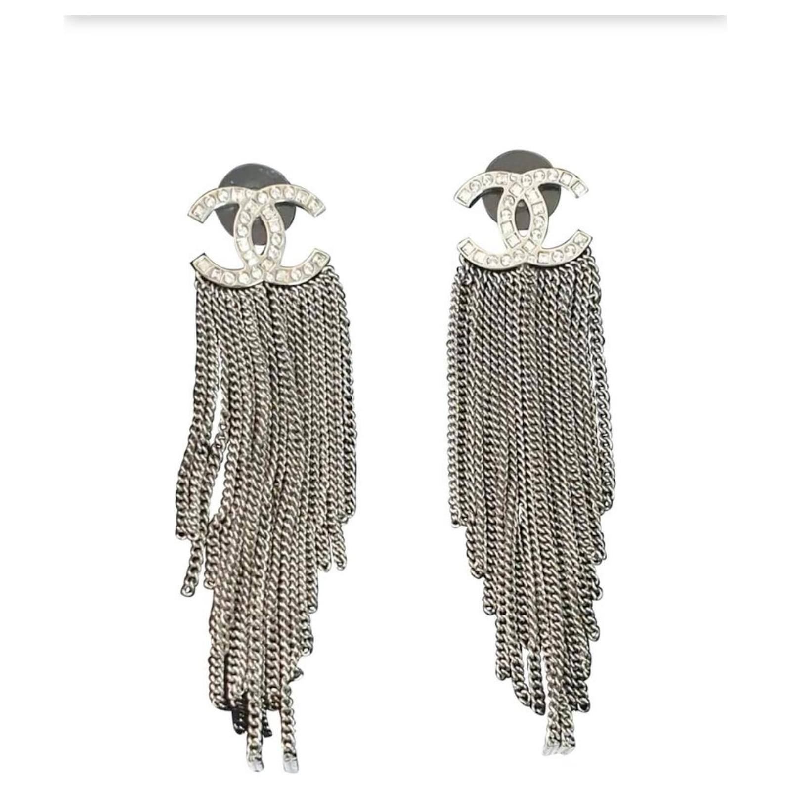 Chanel Silvertone and Crystal CC Fringe Earrings Silvery Metal ref.964547 -  Joli Closet