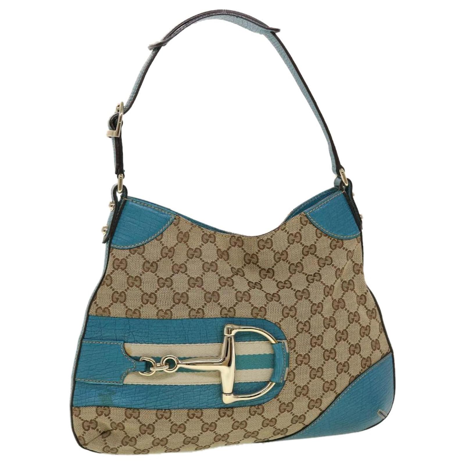 GUCCI GG Canvas Horsebit Shoulder Bag Leather Beige Blue