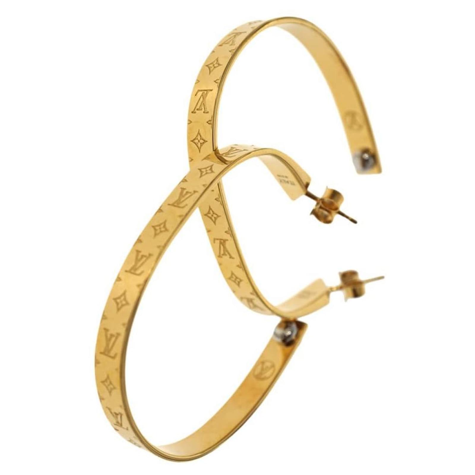 LOUIS VUITTON Metal Nanogram Hoop Earrings Gold | FASHIONPHILE