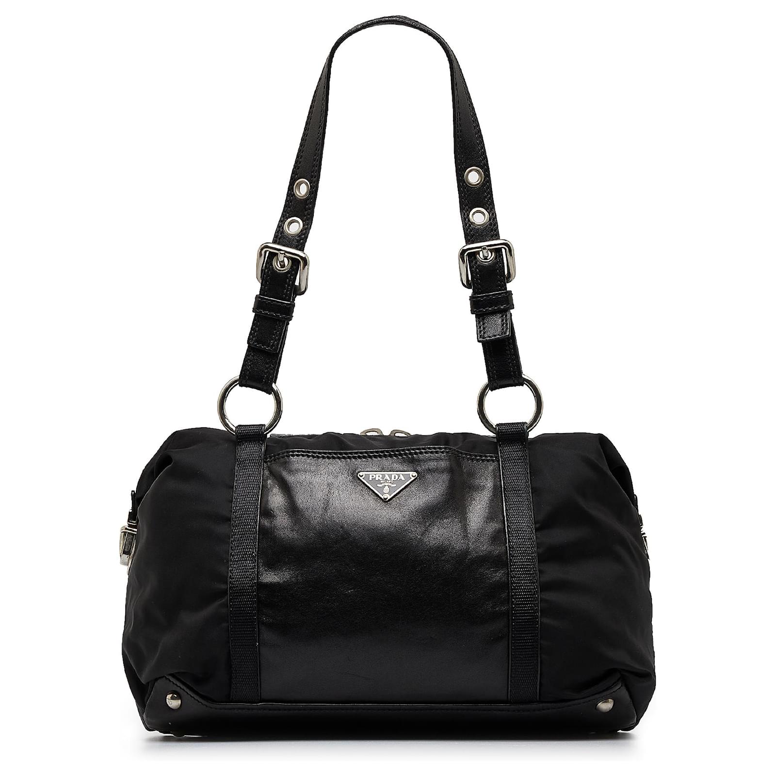 Prada Black Tessuto Boston Bag Leather Pony-style calfskin Nylon Cloth  ref.409520 - Joli Closet