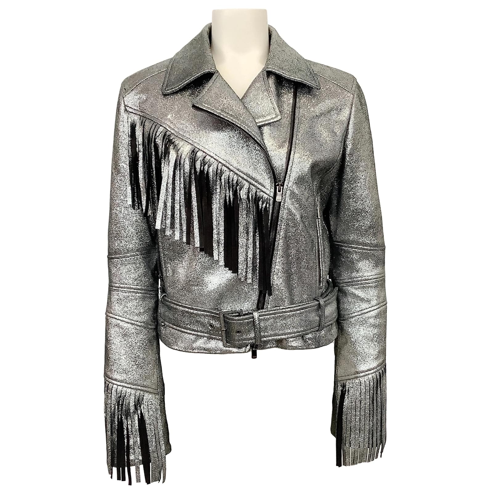 Drome Silber-Metallic-Lederjacke mit Fransen Joli Closet