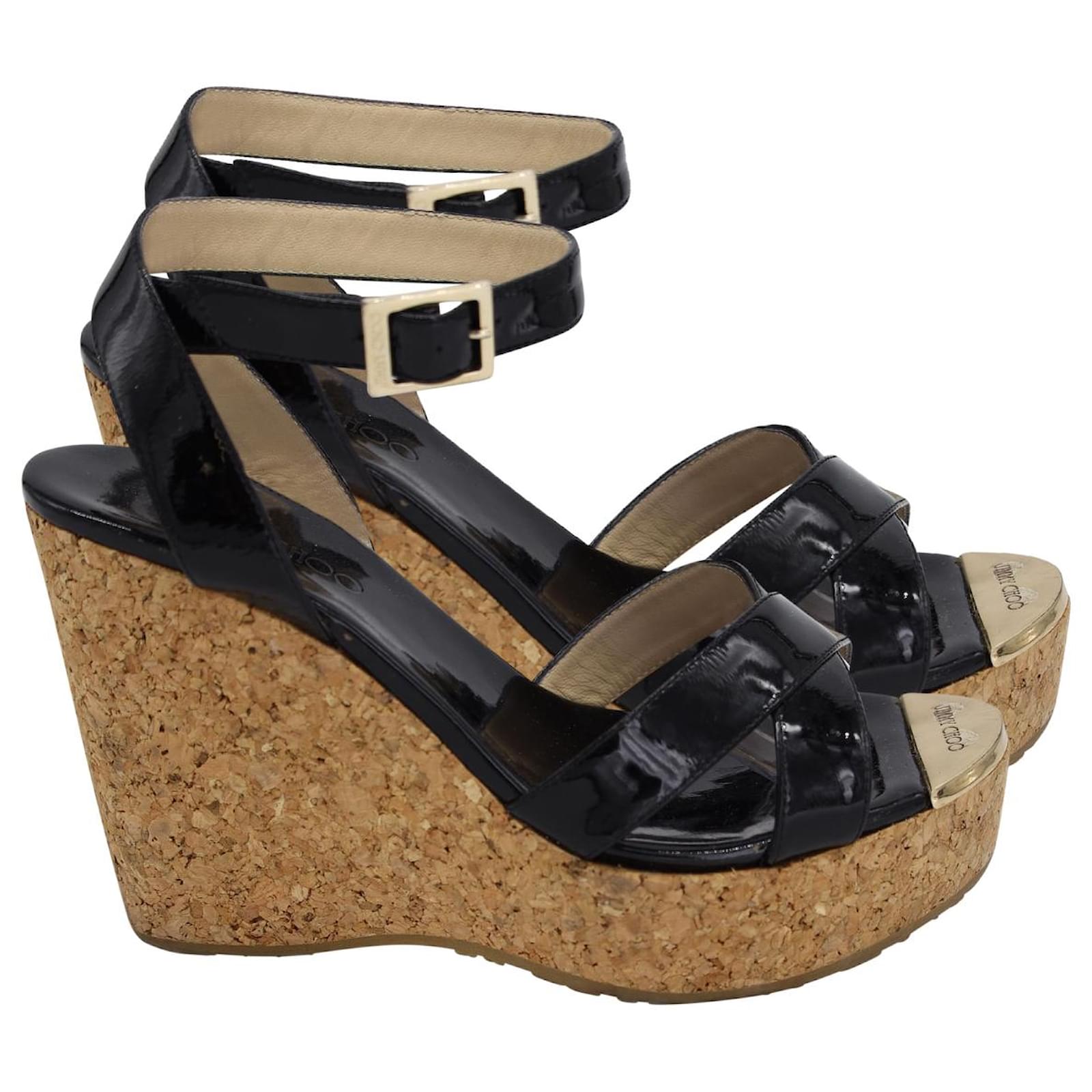 Jimmy Choo Papyrus Cork Wedge Sandals in Black Patent Leather ref ...