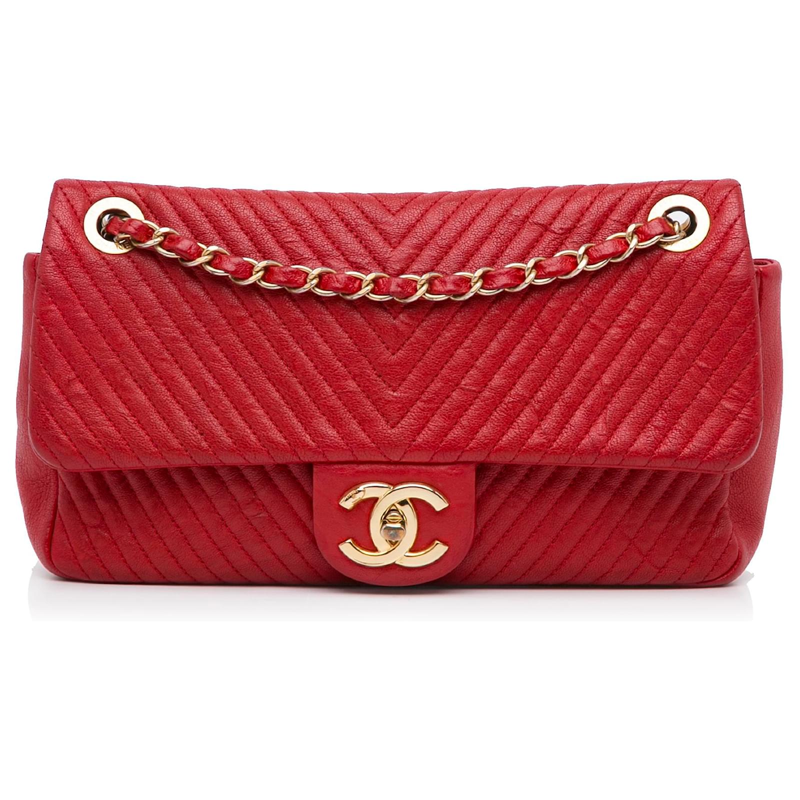 Chanel Red Chevron Lambskin Single Flap Leather ref.969227 - Joli Closet