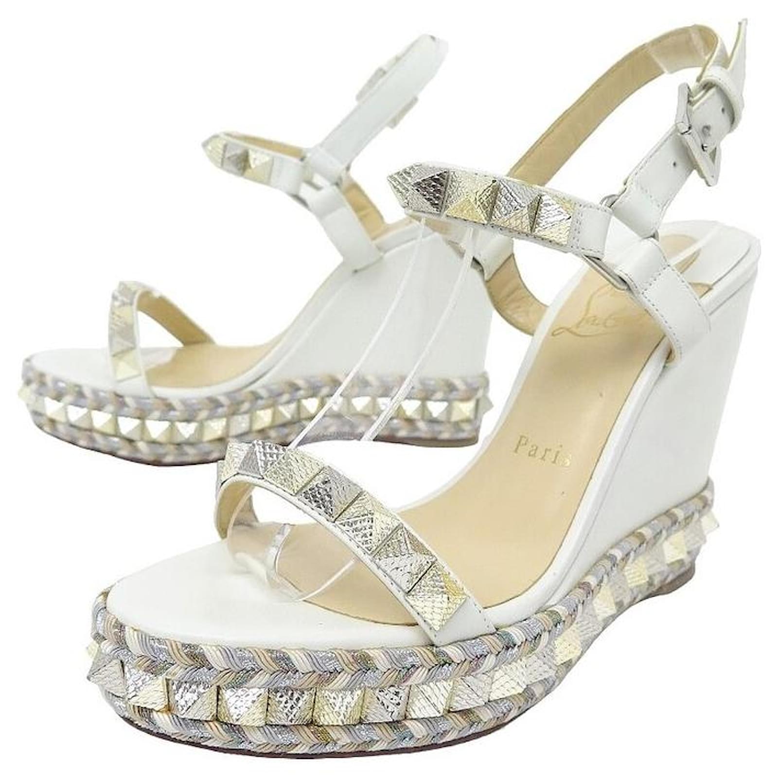 CHRISTIAN LOUBOUTIN PYRACLOU SHOES 38 WHITE LEATHER WEDGE SANDALS