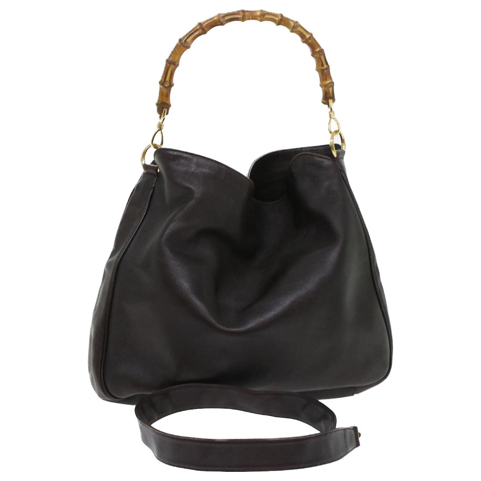 GUCCI Bamboo Hand Bag Leather 2way Shoulder Bag Brown 0011577 Auth