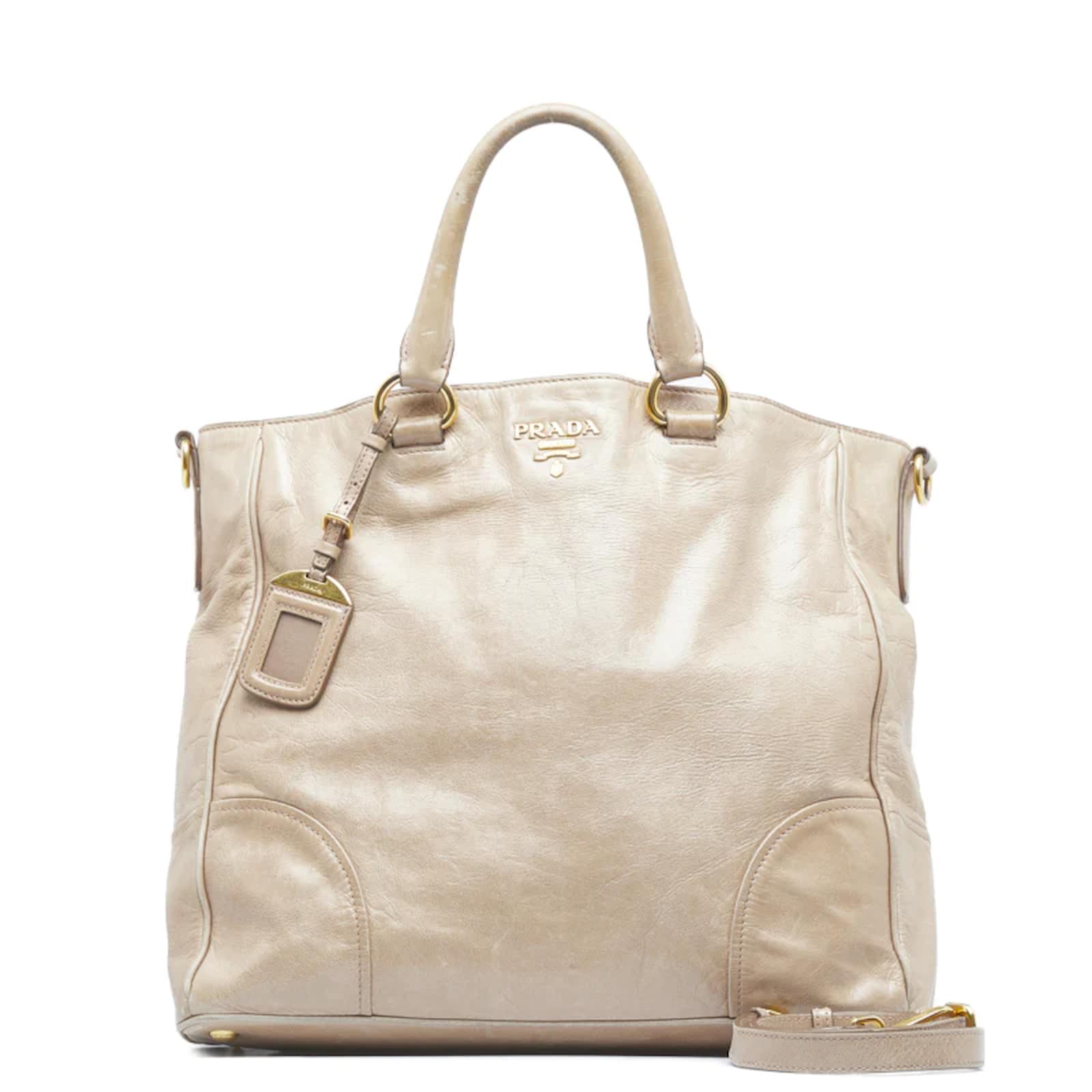 Prada Vitello Lux Zip Tote Bag Beige Leather Pony-style calfskin