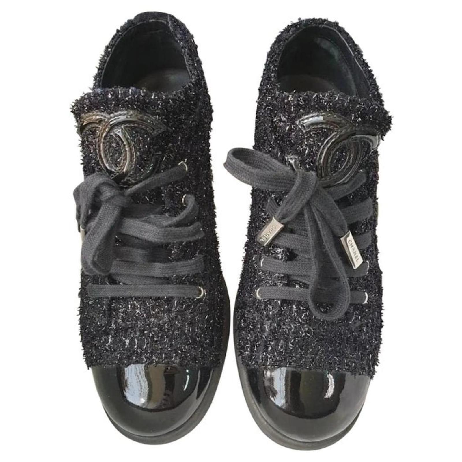 Flats Chanel Chanel Black Navy Blue Shimmery Tweed Patent Leather Cap Toe Sneakers