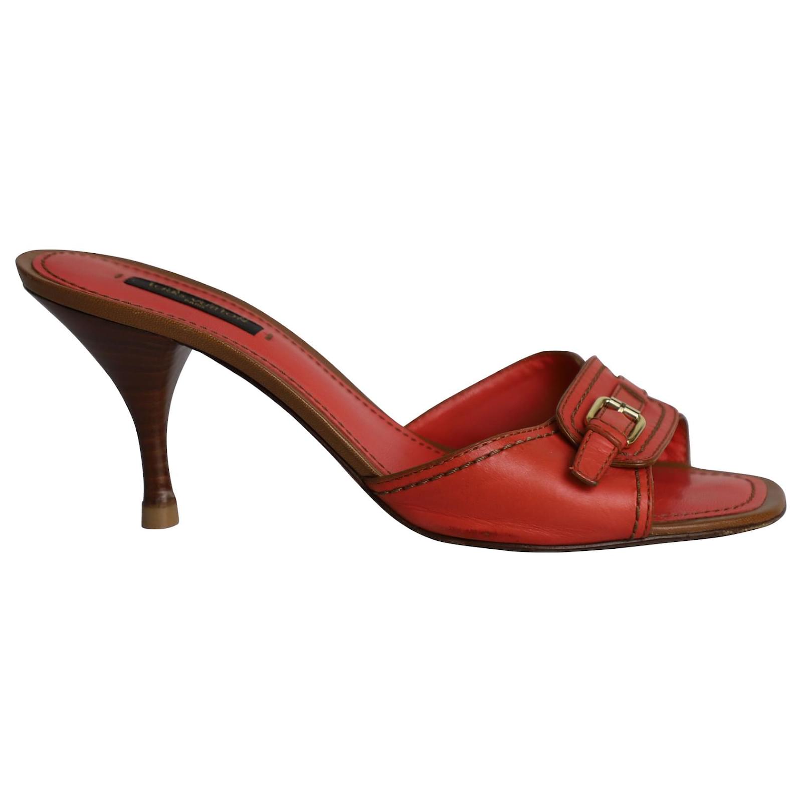 Louis Vuitton Buckle Detail Slip-on Sandals in Coral Orange Leather  ref.970495 - Joli Closet