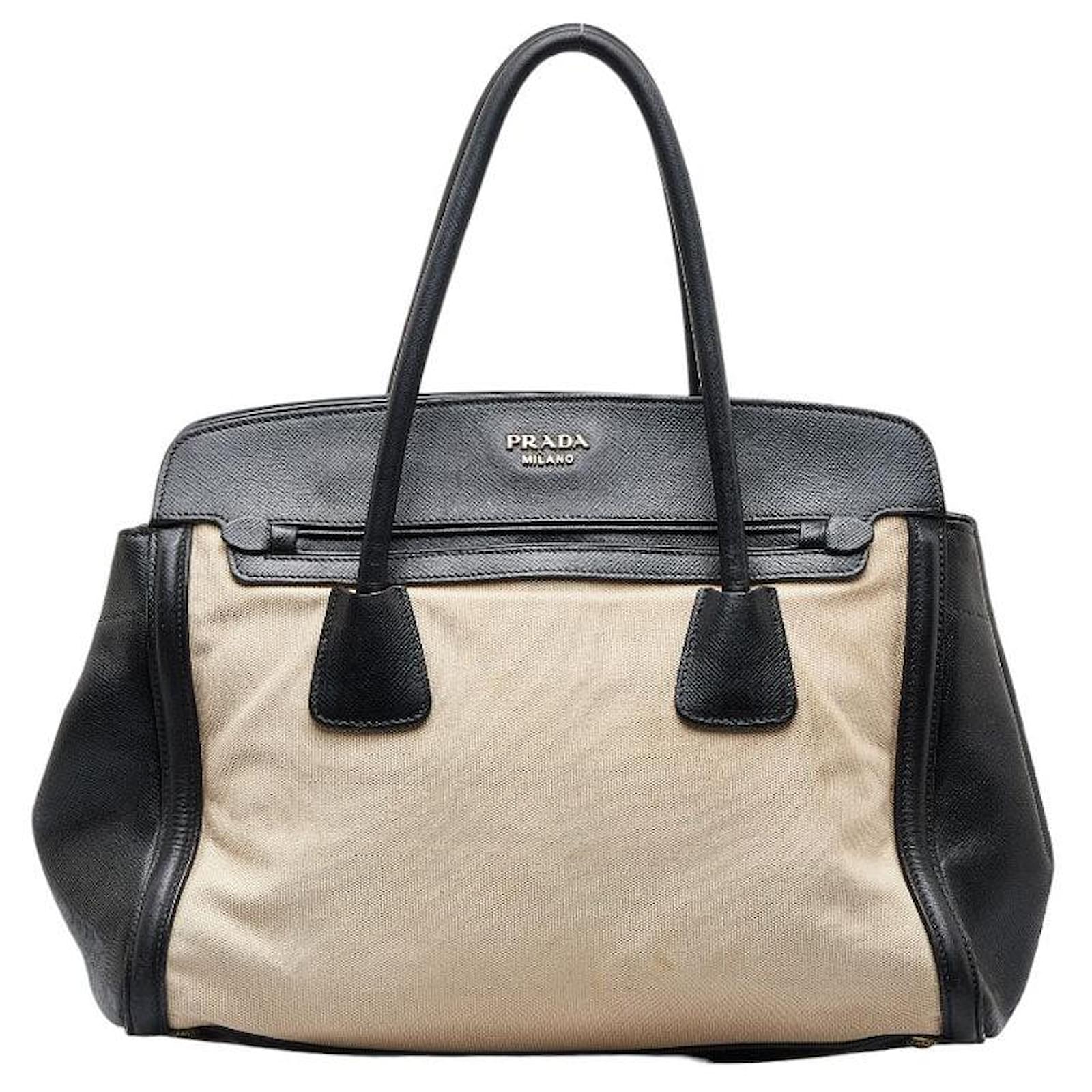 Prada Saffiano Trimmed Canapa Tote Bag BN2598 Beige Velvet Cloth ref.970564  - Joli Closet