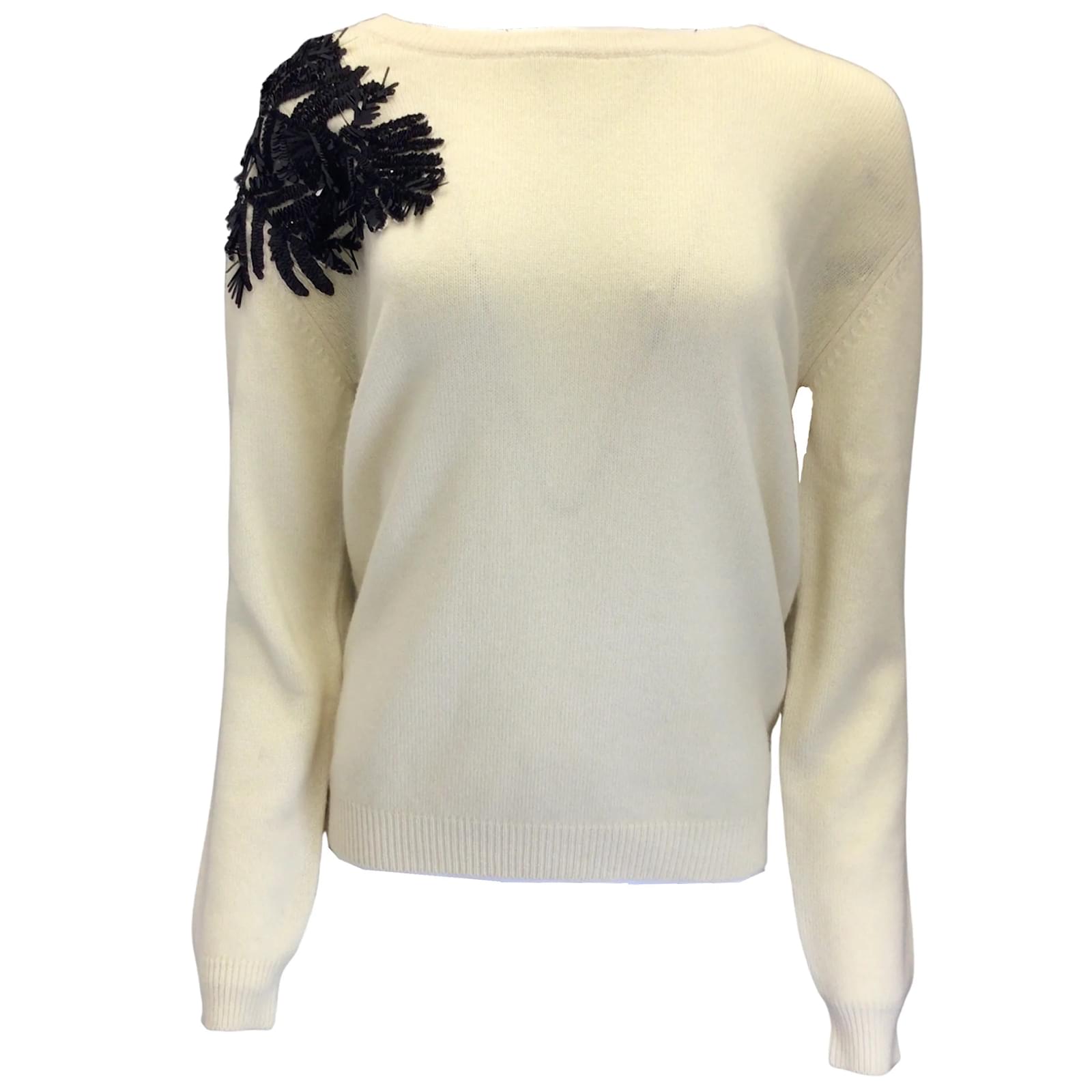 Prabal Gurung Ivory Black Sequin Embellished Long Sleeved Cashmere Knit Pullover Sweater