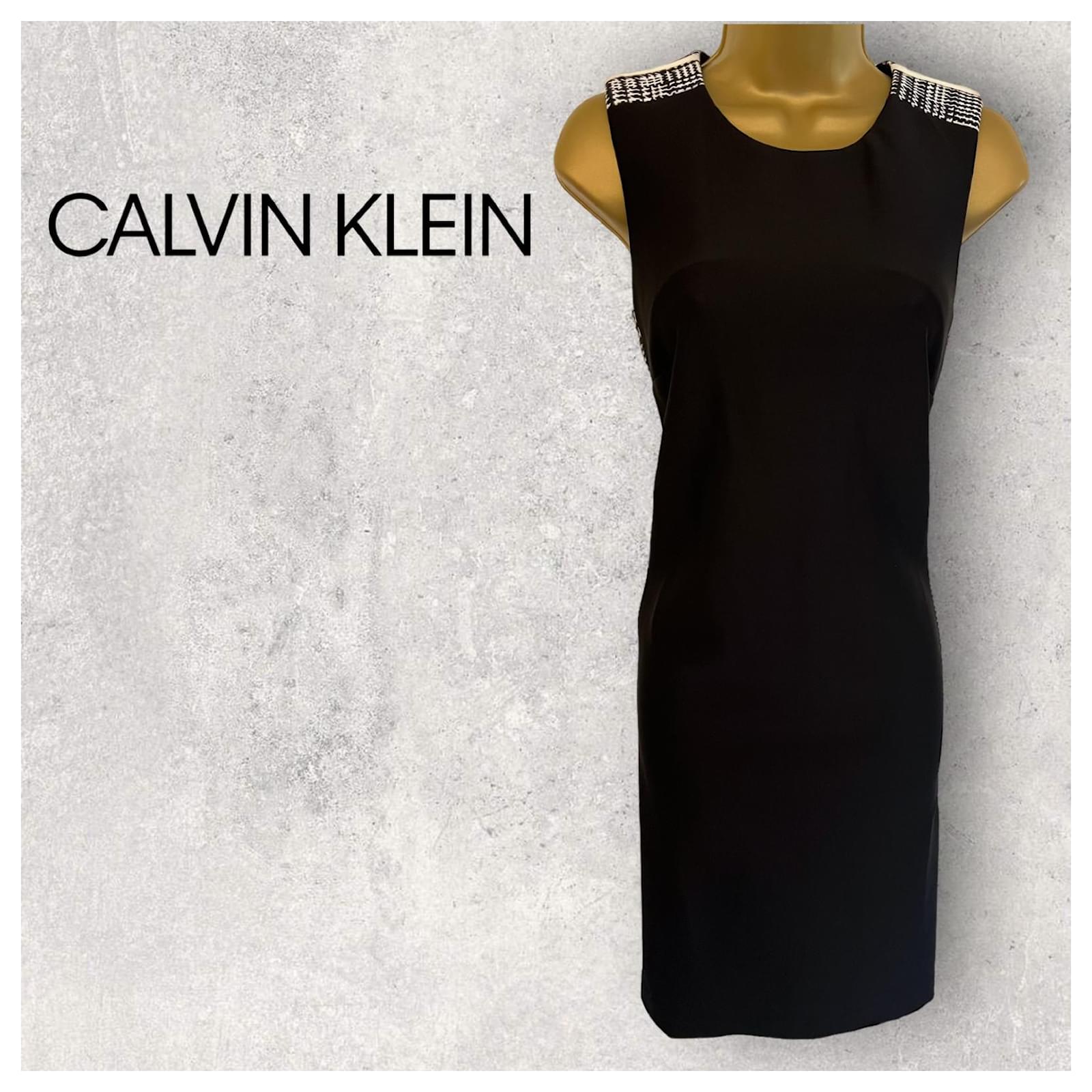 Calvin Klein Schwarz Strahl Weiß US ref.972057 Joli - Elasthan figurbetontes UK Polyester 12 Ärmelloses, Stretchkleid 8 EU 40 Closet