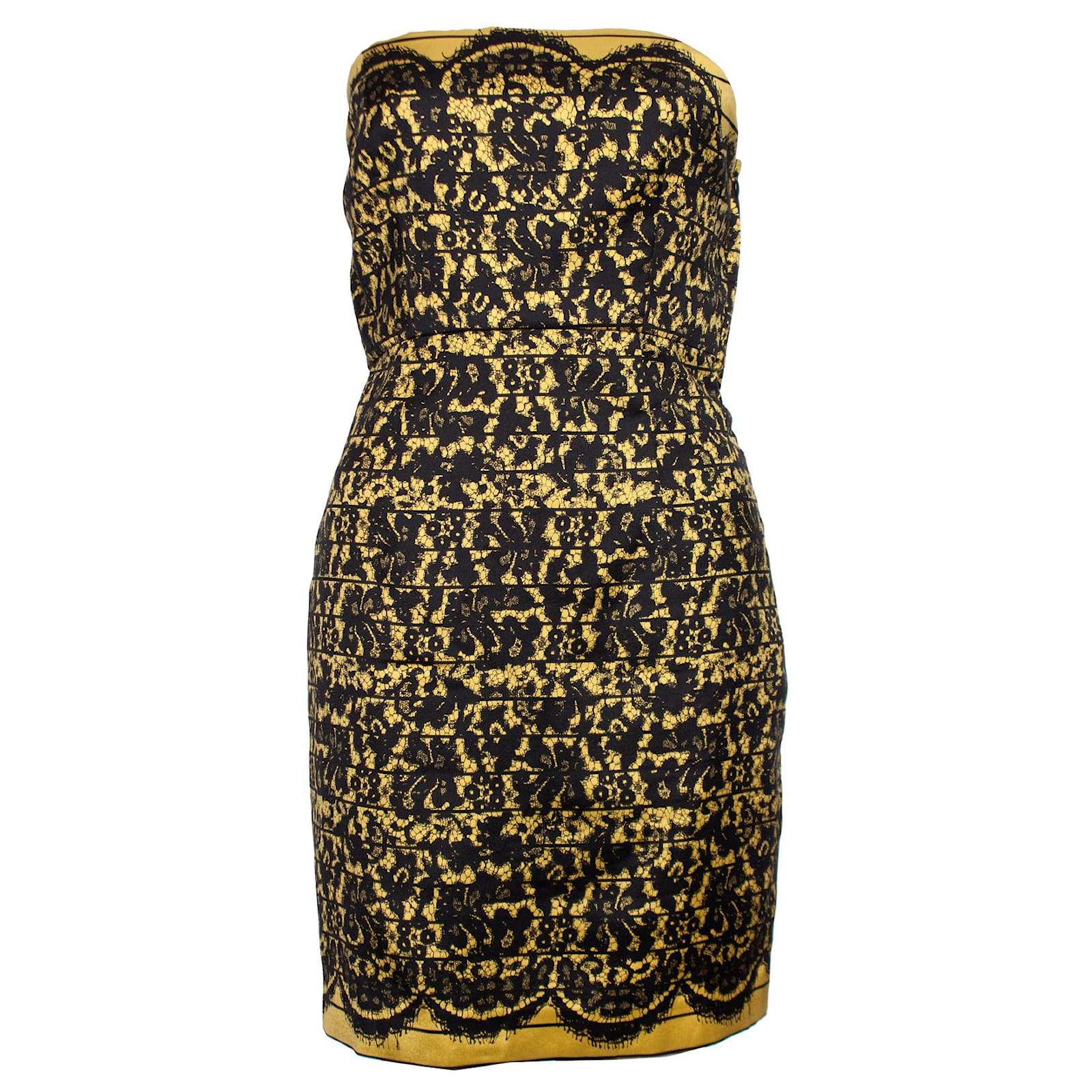 Tibi, Strapless dress with lace print Black Yellow Silk Wool ref.1002496 -  Joli Closet