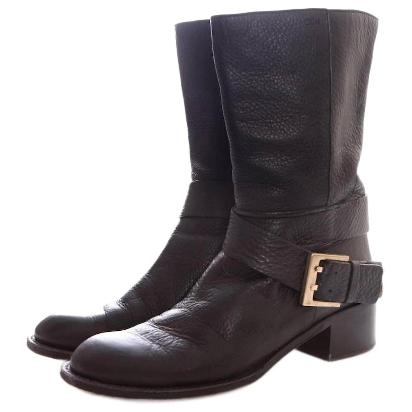 Chlo Chloe bottes motardes en cuir noir avec boucle. ref.1002720