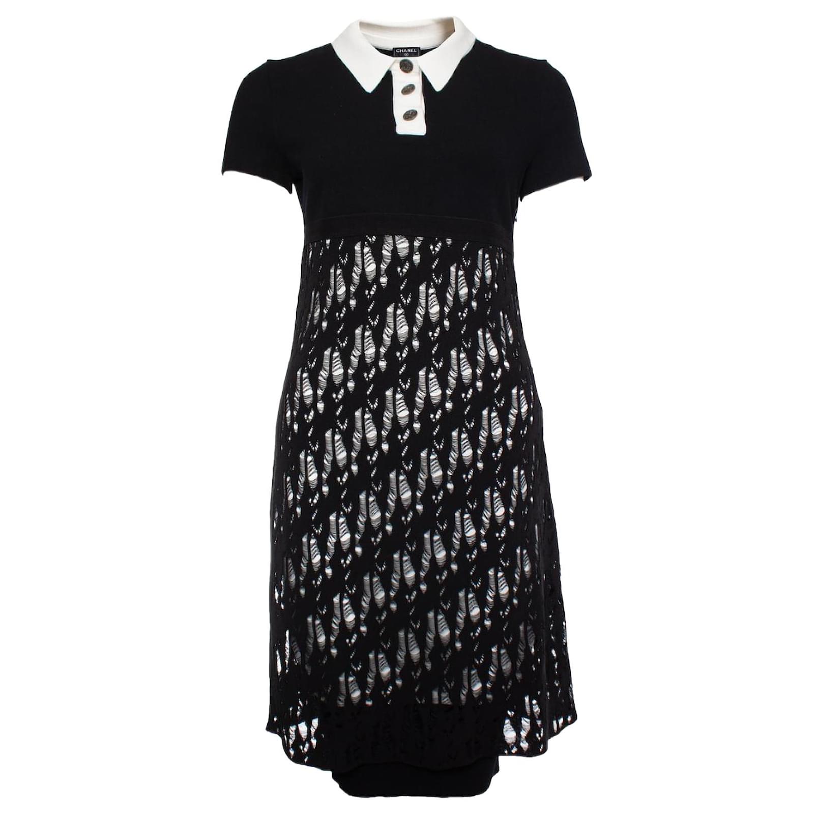 Chanel, open woven wool dress with white collar Black Cotton ref.1003193 -  Joli Closet