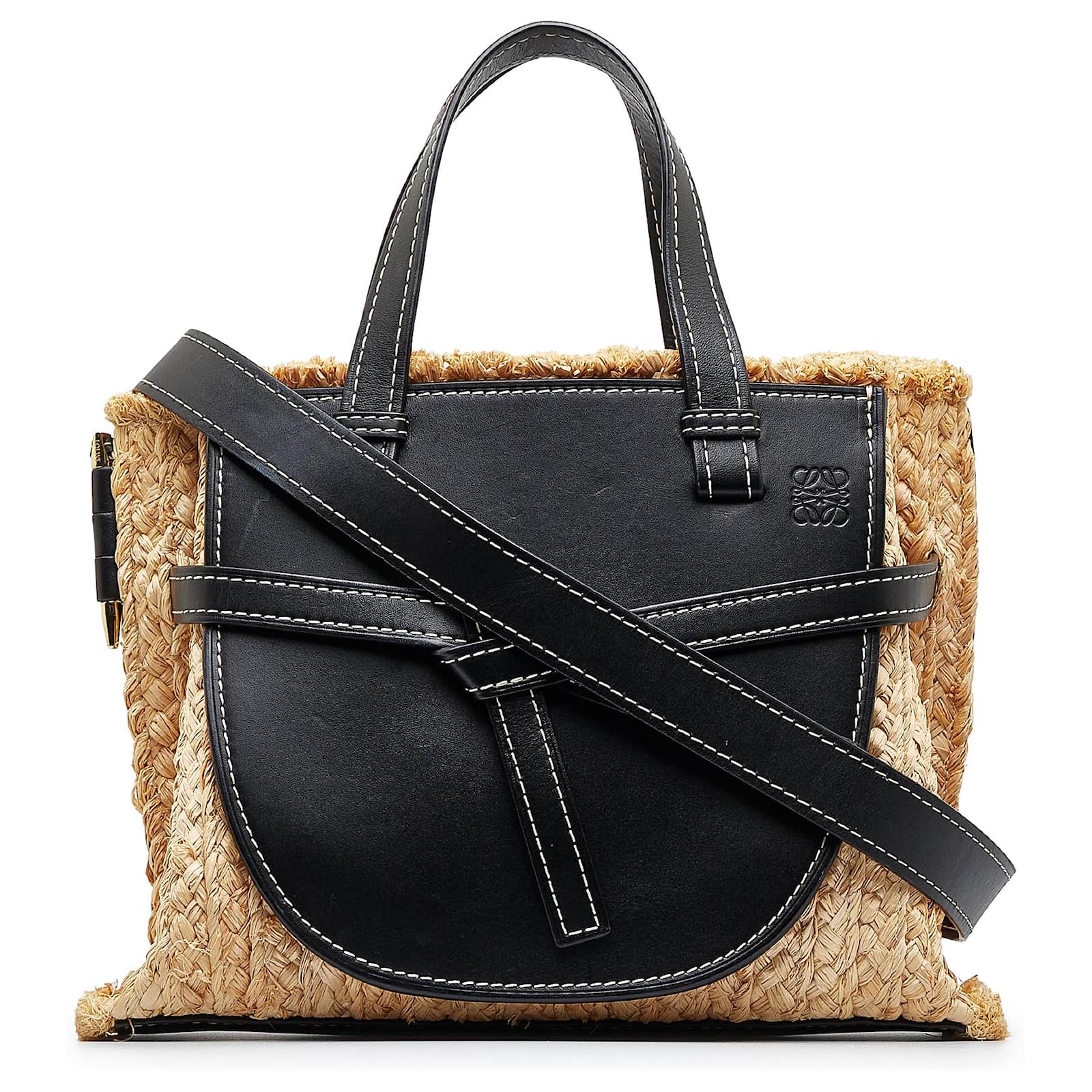 Loewe Gate Small Leather And Raffia Top Handle Bag in Brown