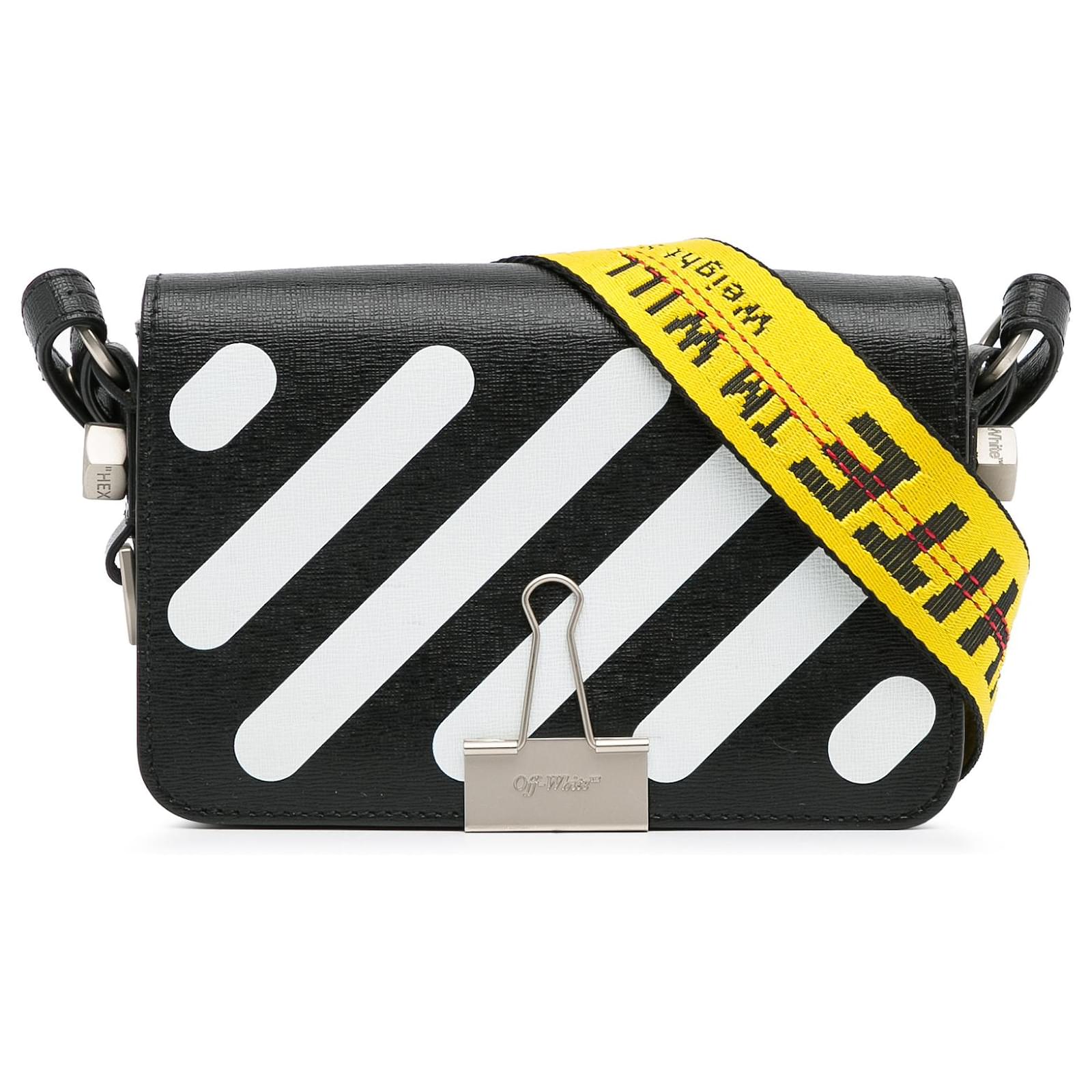 Off White Striped Leather Binder Clip Flap Bag