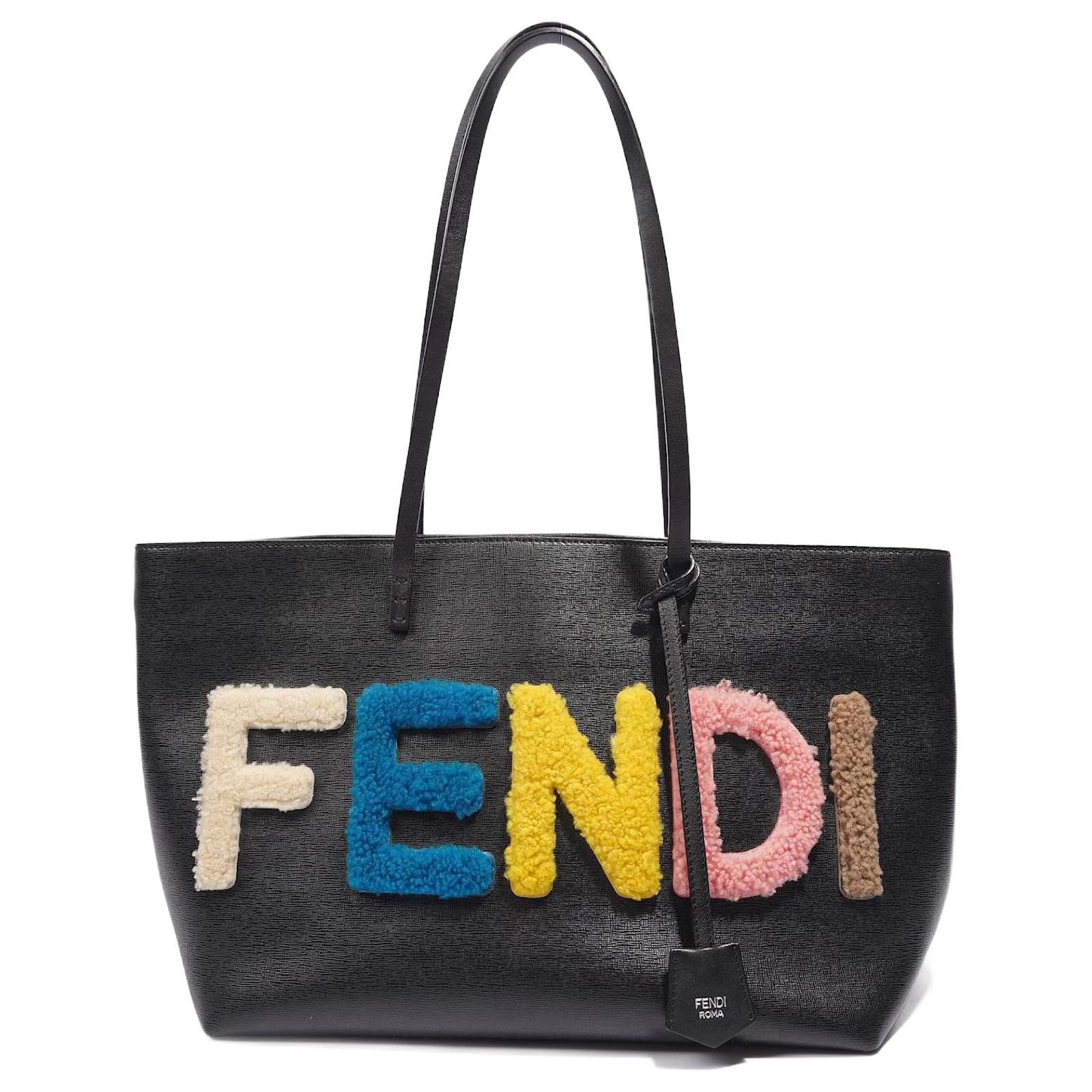 Fendi Logo Roll Tote Black Leather / Shearling Large ref.1006082