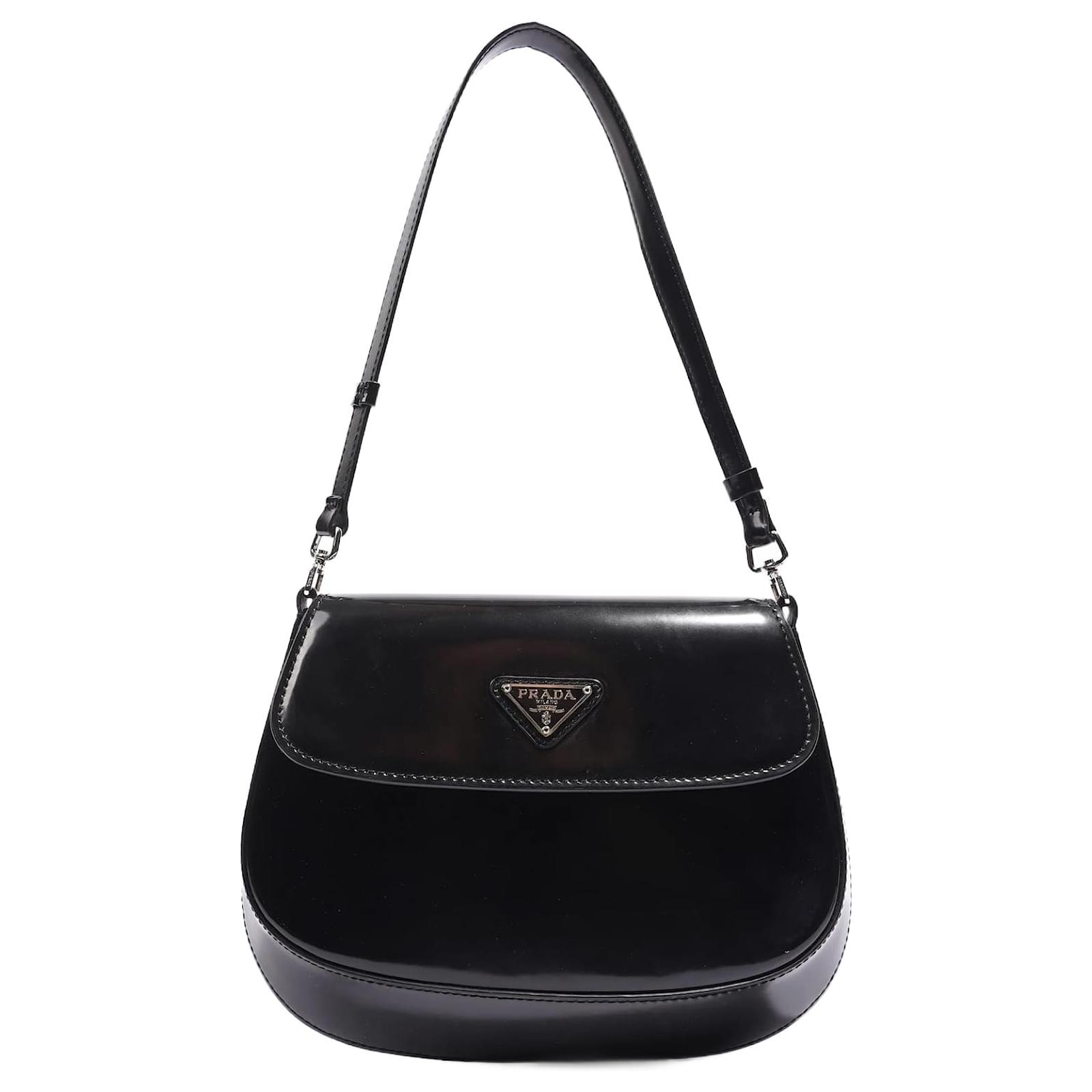 PRADA Cleo Brushed Leather Shoulder Bag With Flap in Black