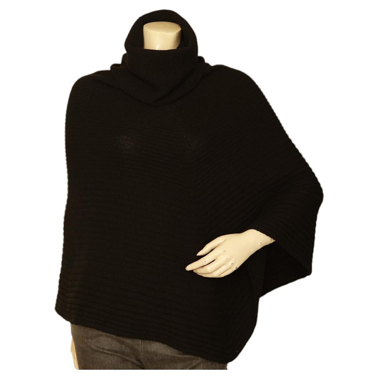 Wolford Black 100 Virgin Wool Rib Knit Poncho Turtle neck Cape